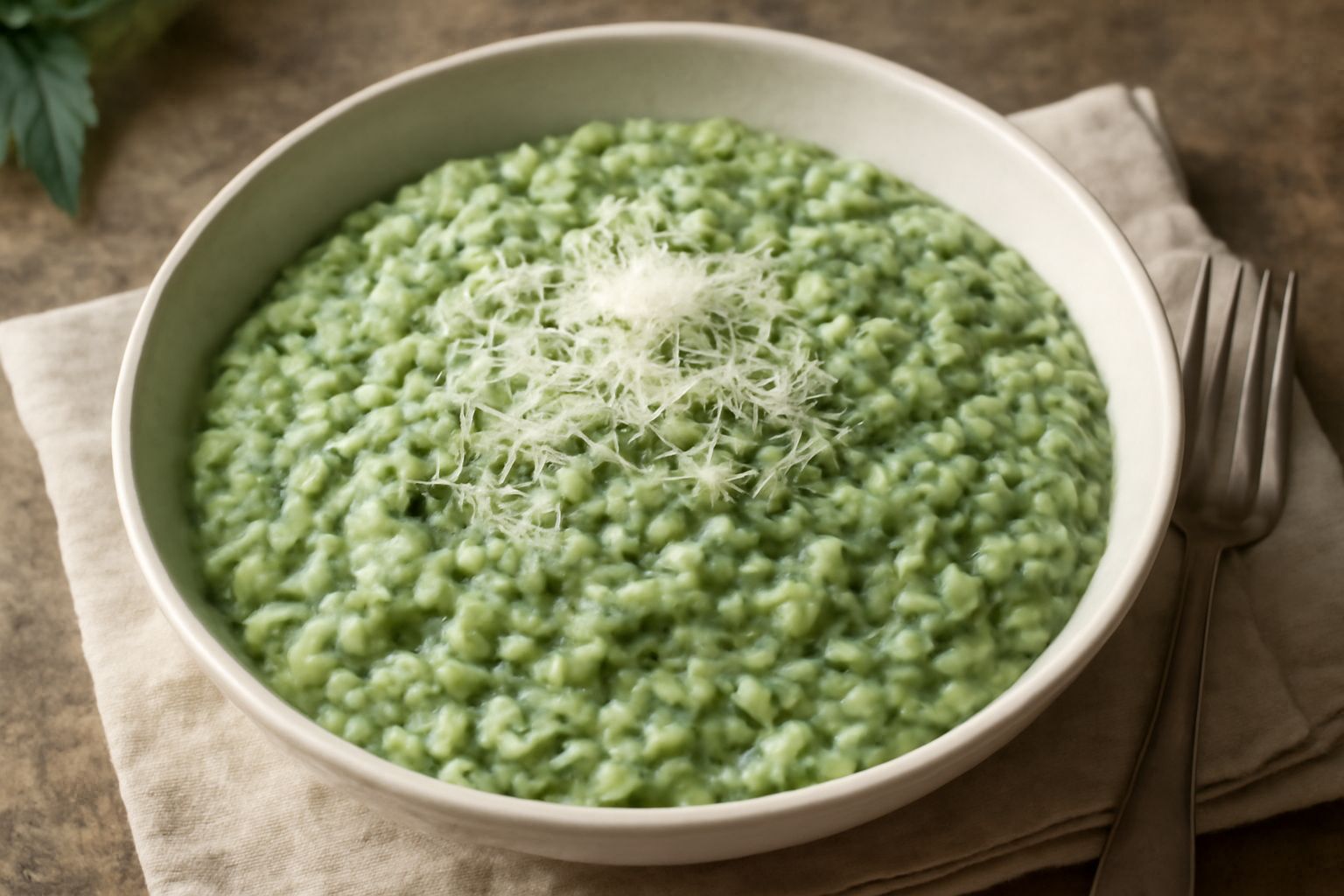 Piatto di orzotto cremoso di colore verde chiaro con ortica tritata finemente, rifinito con un filo di olio extravergine, servito in un piatto bianco fondo con accanto una cucchiaiata di formaggio gra