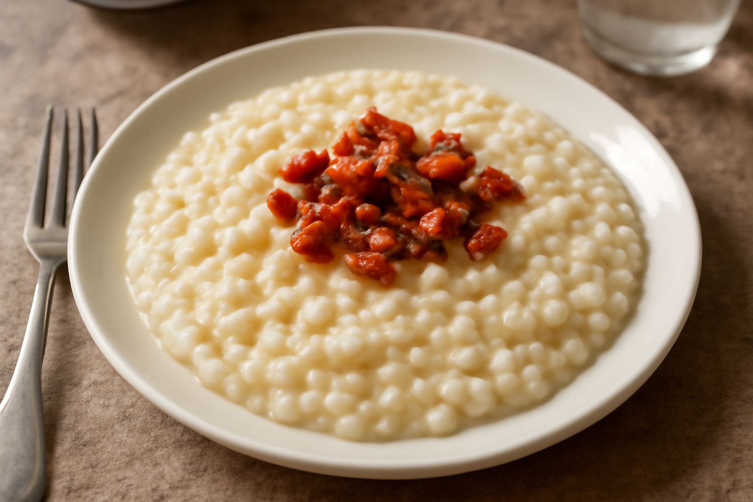 Orzotto brindisino cremoso color avorio in un piatto fondo bianco, guarnito con formaggio grattugiato, rosmarino fresco e una goccia di olio extravergine, con un cucchiaio di legno appoggiato sul bord