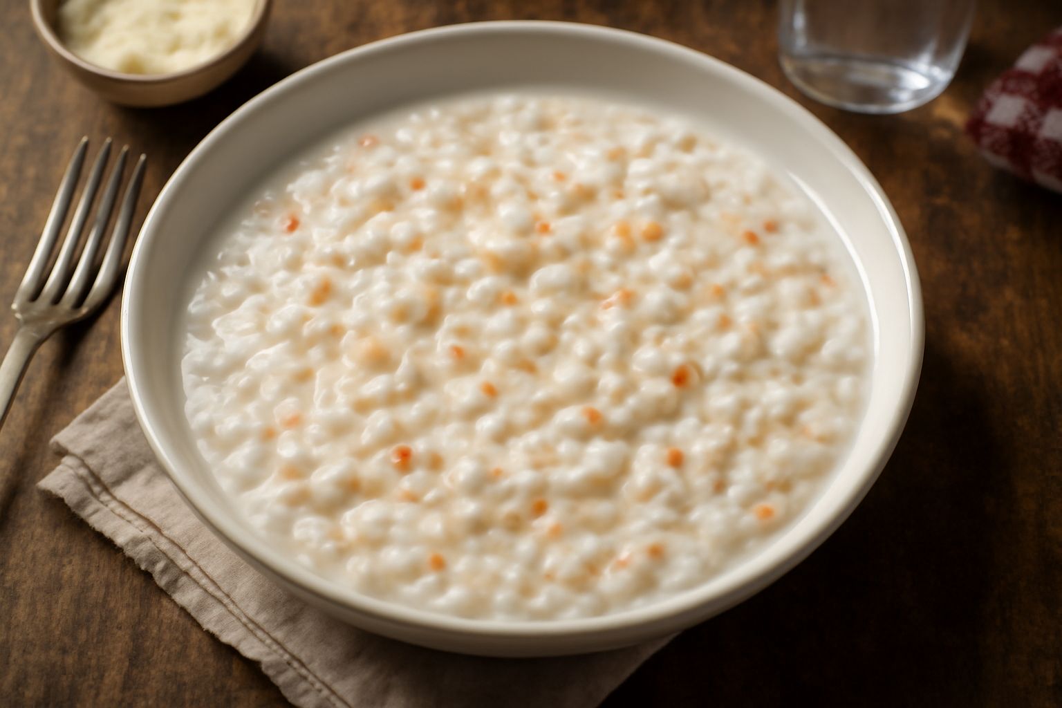 Orzotto calabrese cremoso servito in piatto fondo bianco, con orzo perlato visibile, verdure dorate, un filo d'olio d'oliva in superficie e una spolverata di pepe nero
