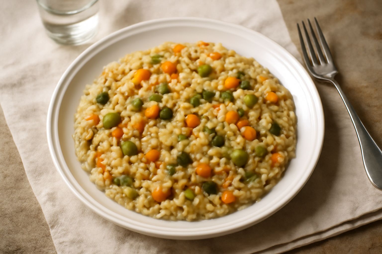 Orzotto cremoso in ciotola bianca con pezzi visibili di zucchina, carota e melanzana, guarnito con basilico fresco e gocce di olio extravergine