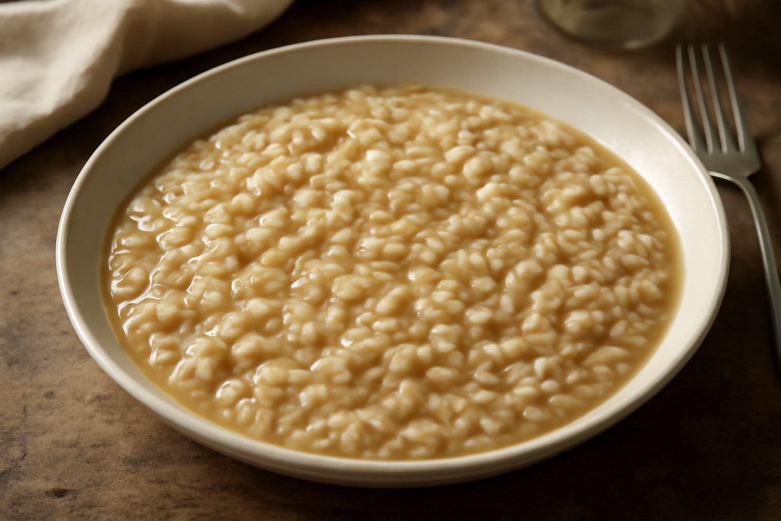 Orzotto cremoso beige in ciotola di ceramica bianca, con chicchi di orzo visibili, brodo ristretto che lucida la superficie, guarnito con prezzemolo tritato e grana grattugiato, cucchiaio d'argento su