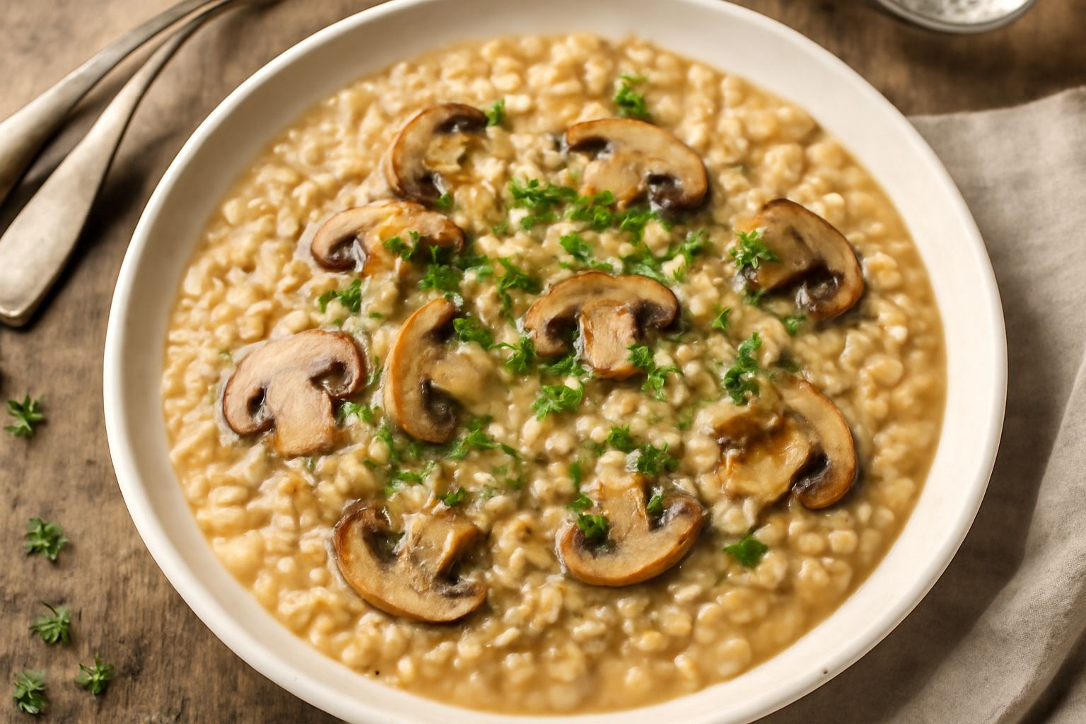Piatto di orzotto cremoso color beige con funghi marroni e bianchi sparsi in superficie, guarnito con prezzemolo verde e un filo d'olio d'oliva, servito in un piatto bianco fondo