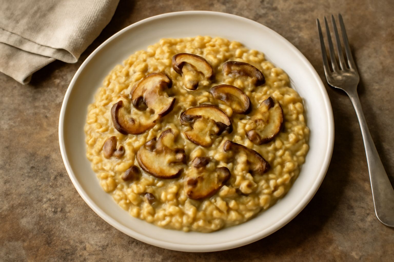 Orzotto cremoso in piatto bianco, color avorio con sfumature dorate, decorato con funghi porcini saltati in superficie, gocce di olio al tartufo e una spolverata di Parmigiano, illuminato da luce natu