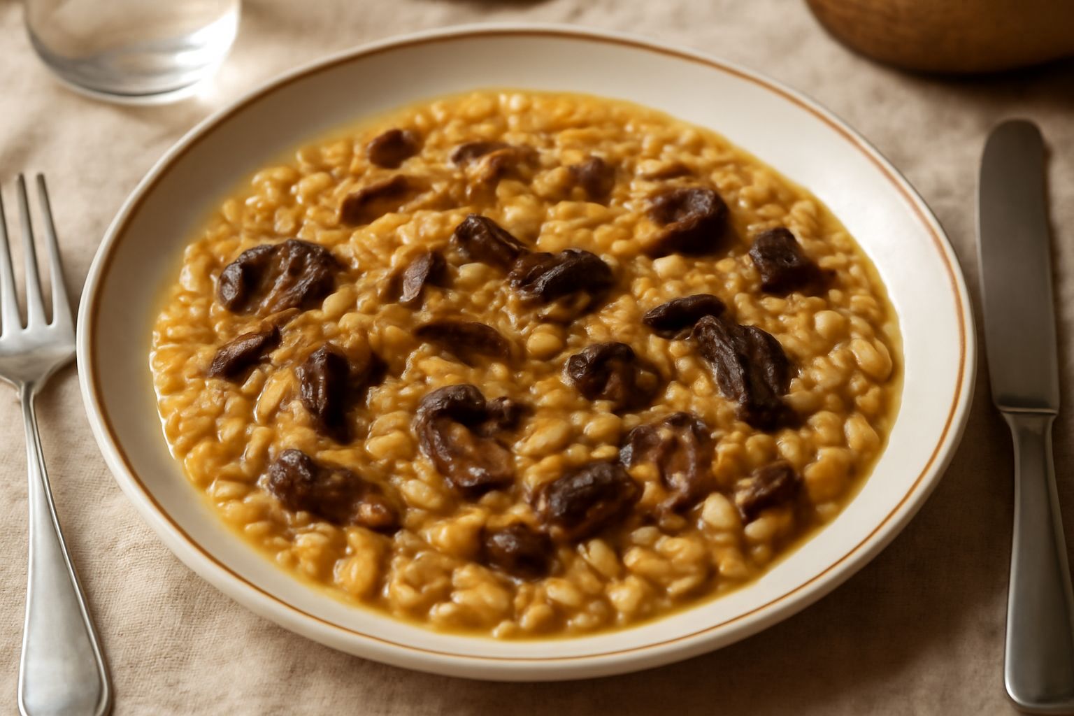 Orzotto cremoso color oro con funghi marroni visibili, servito in un piatto bianco fondo con un filo d'olio e una foglia di prezzemolo fresco
