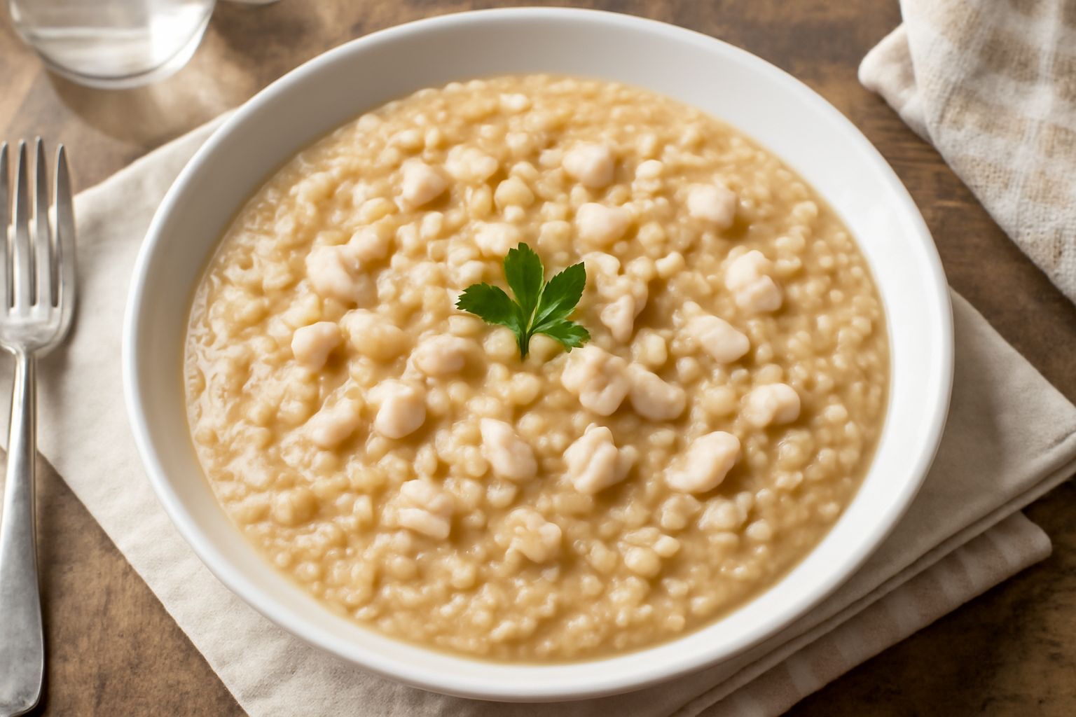 Orzotto cremoso di colore beige con pezzi di carne di rana bianchi, guarnito con prezzemolo verde fresco e grana grattugiato, servito in un piatto fondo di ceramica bianca