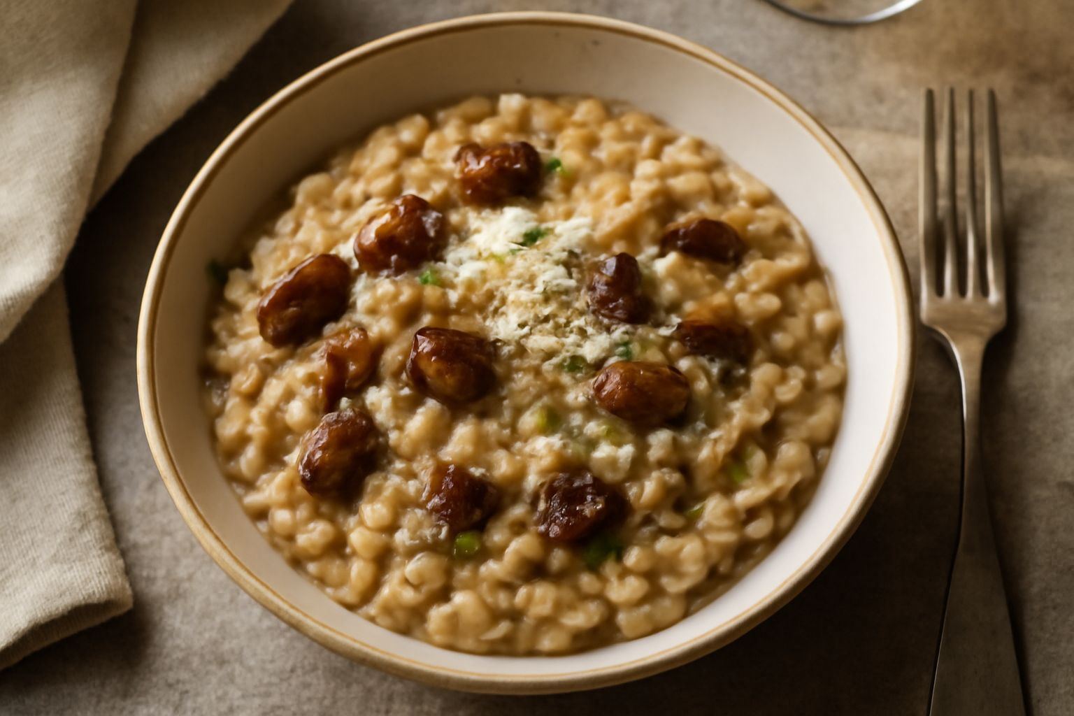 Orzotto cremoso di color beige-marrone in ciotola bianca, con castagne scure tagliate a metà sparse in superficie, brodo fumante intorno ai chicchi d'orzo, filo di olio d'oliva e foglia di prezzemolo 
