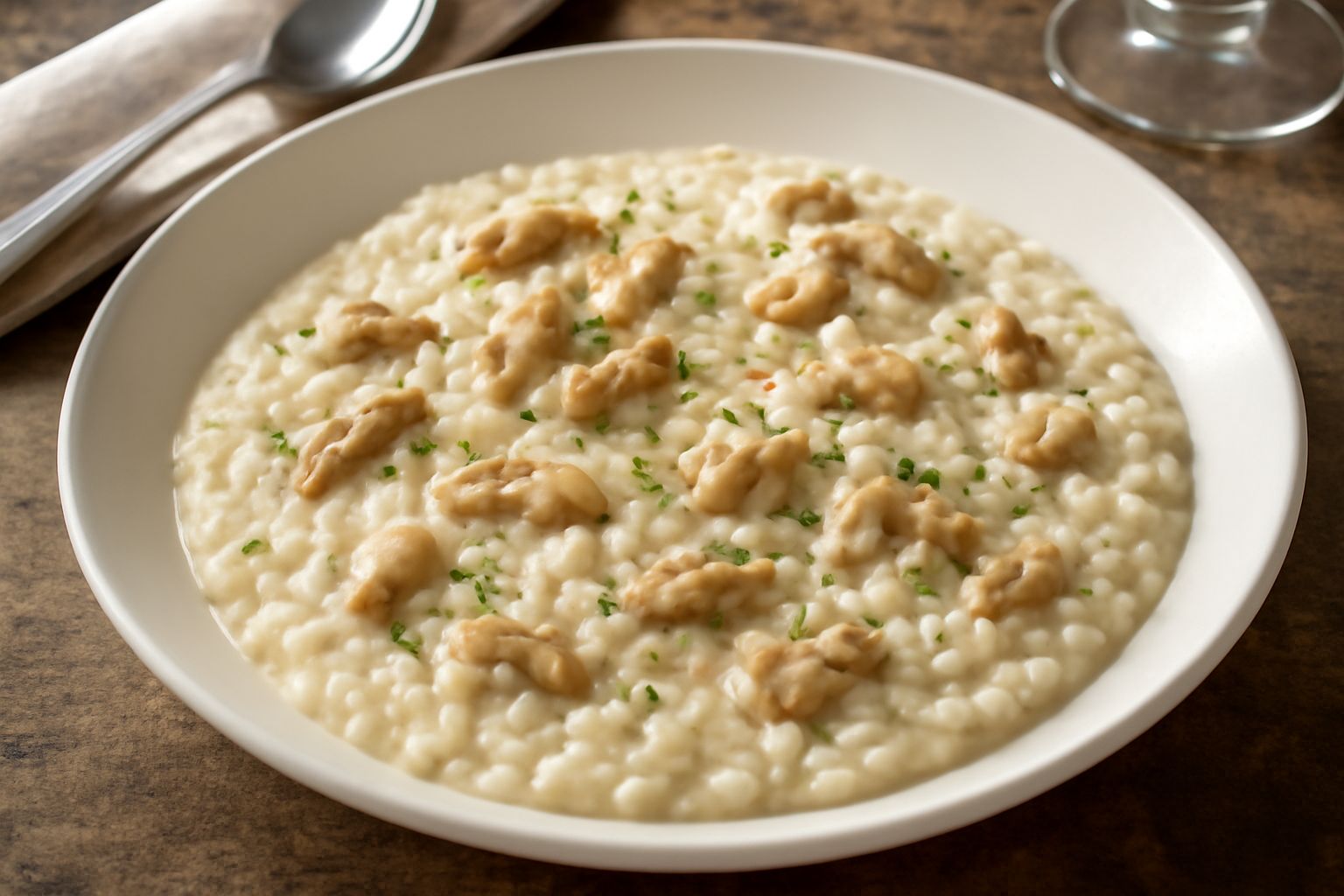 Piatto di orzotto cremoso color avorio con pezzi di carne di rana bianca, prezzemolo fresco verde scuro sparso in superficie, grana grattugiato giallo, servito in piatto fondo bianco