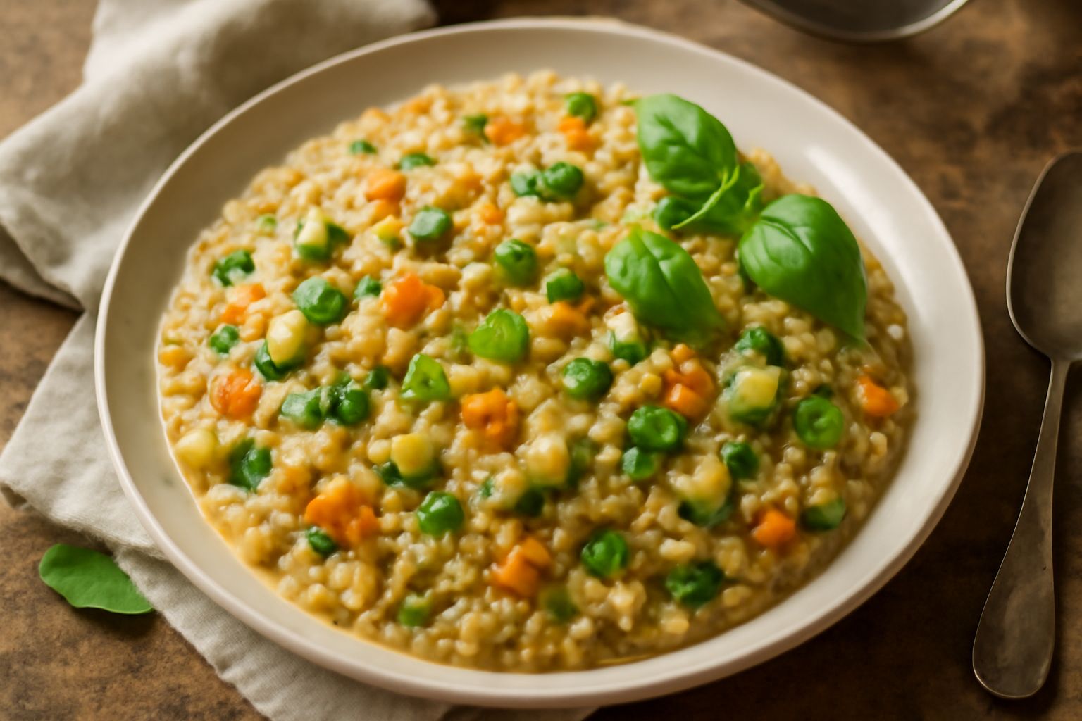 Piatto fondo bianco con orzotto cremoso color nocciola, zucchine verdi, carote arancioni e piselli sparsi in superficie, grattugia di parmigiano e basilico fresco