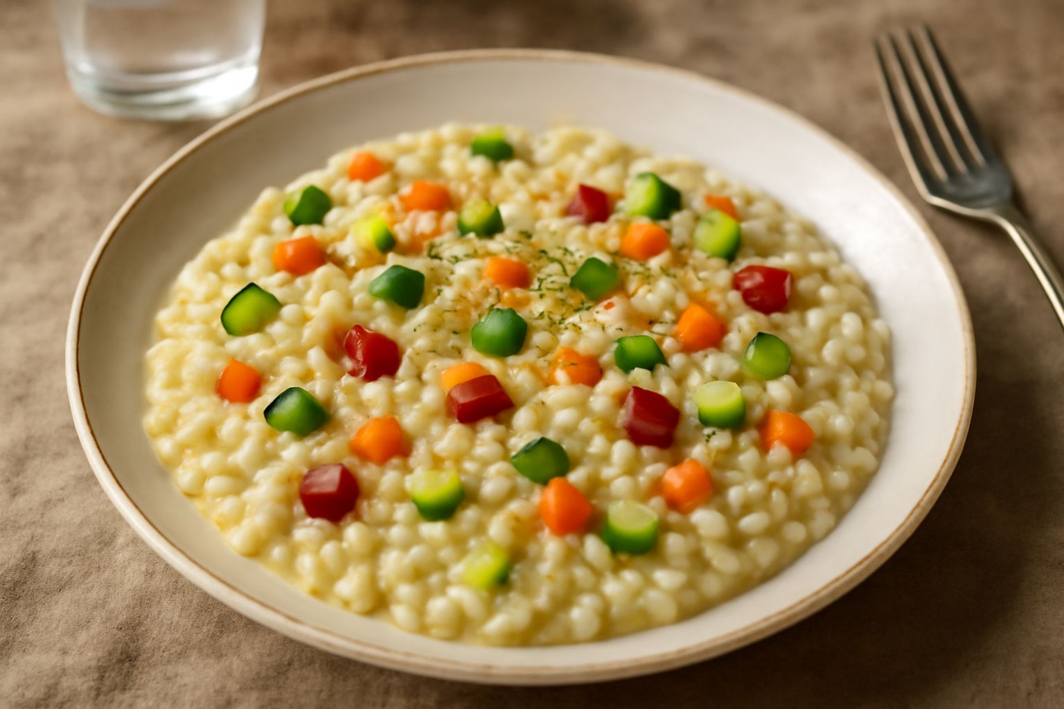 Orzotto cremoso beige in piatto bianco, decorato con zucchine verdi tagliate sottili, carote arancioni a dadini e pomodori rossi, con basilico fresco e grana padano grattugiato