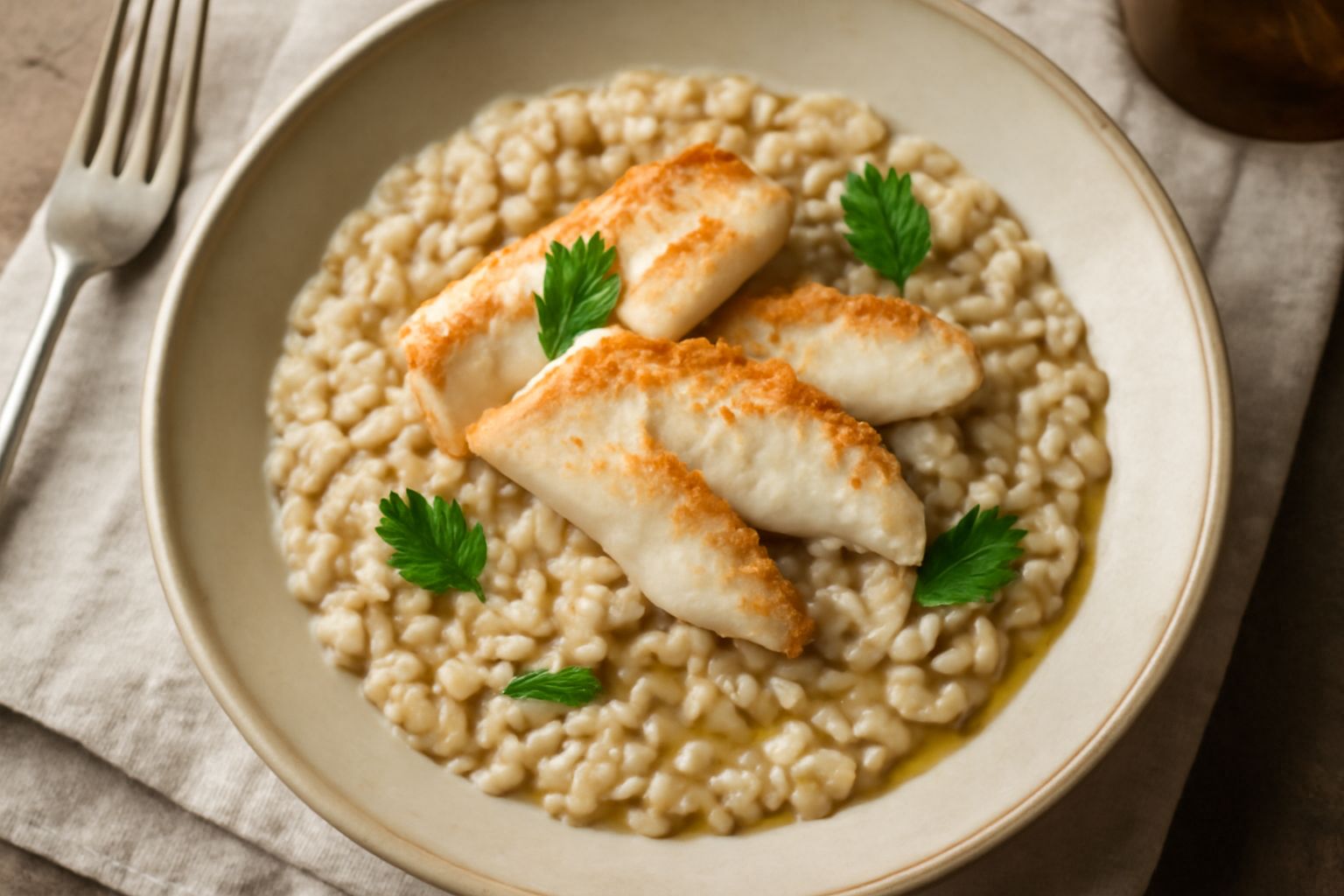 Orzotto cremoso di colore beige chiaro in piatto bianco, con filetti di pesce bianco adagiati sopra, decorato con prezzemolo verde fresco e gocce di olio d'oliva dorato