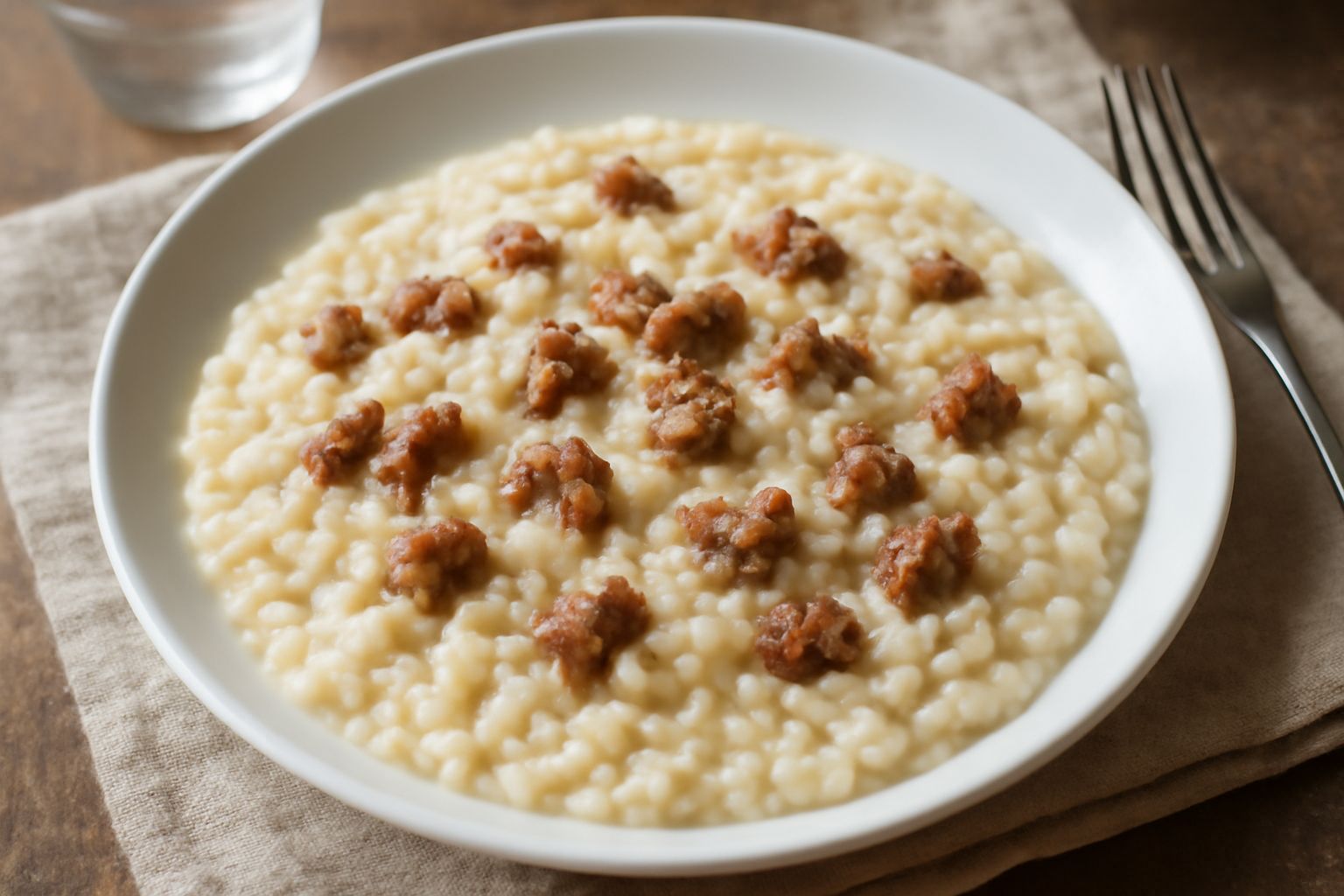 Orzotto cremoso di color bianco avorio con pezzi dorati di salsiccia croccante, mantecato con parmigiano, servito in piatto fondo bianco con un cucchiaio di legno appoggiato a lato e un filo di olio d