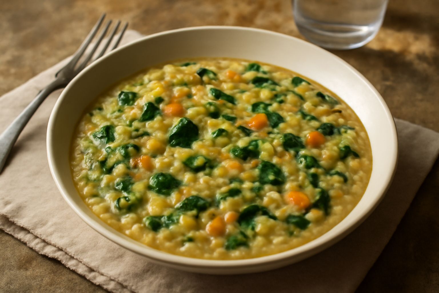 Orzotto cremoso in piatto bianco, con verdure miste di colore verde (zucchine, spinaci) e giallo (carote) in superficie, filo d'olio extravergine, cucchiaio di legno appoggiato al bordo