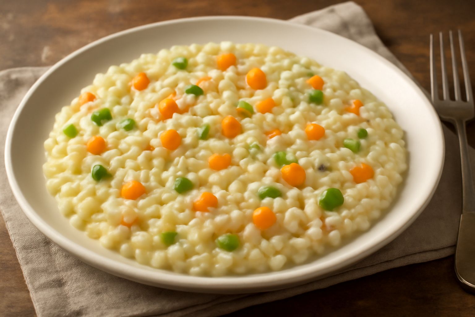 Orzotto cremoso color avorio in piatto bianco, con pezzi visibili di zucchina verde, carota arancione e cipolla, brodo fumante, cucchiaio di legno appoggiato sul bordo
