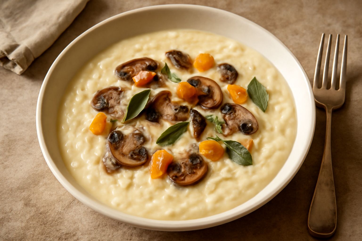 Orzotto cremoso color avorio con funghi trifolati brunastri, pezzi di zucca gialla, foglie di salvia fresca, servito in piatto fondo bianco con filo d'olio d'oliva e grattugia di parmigiano