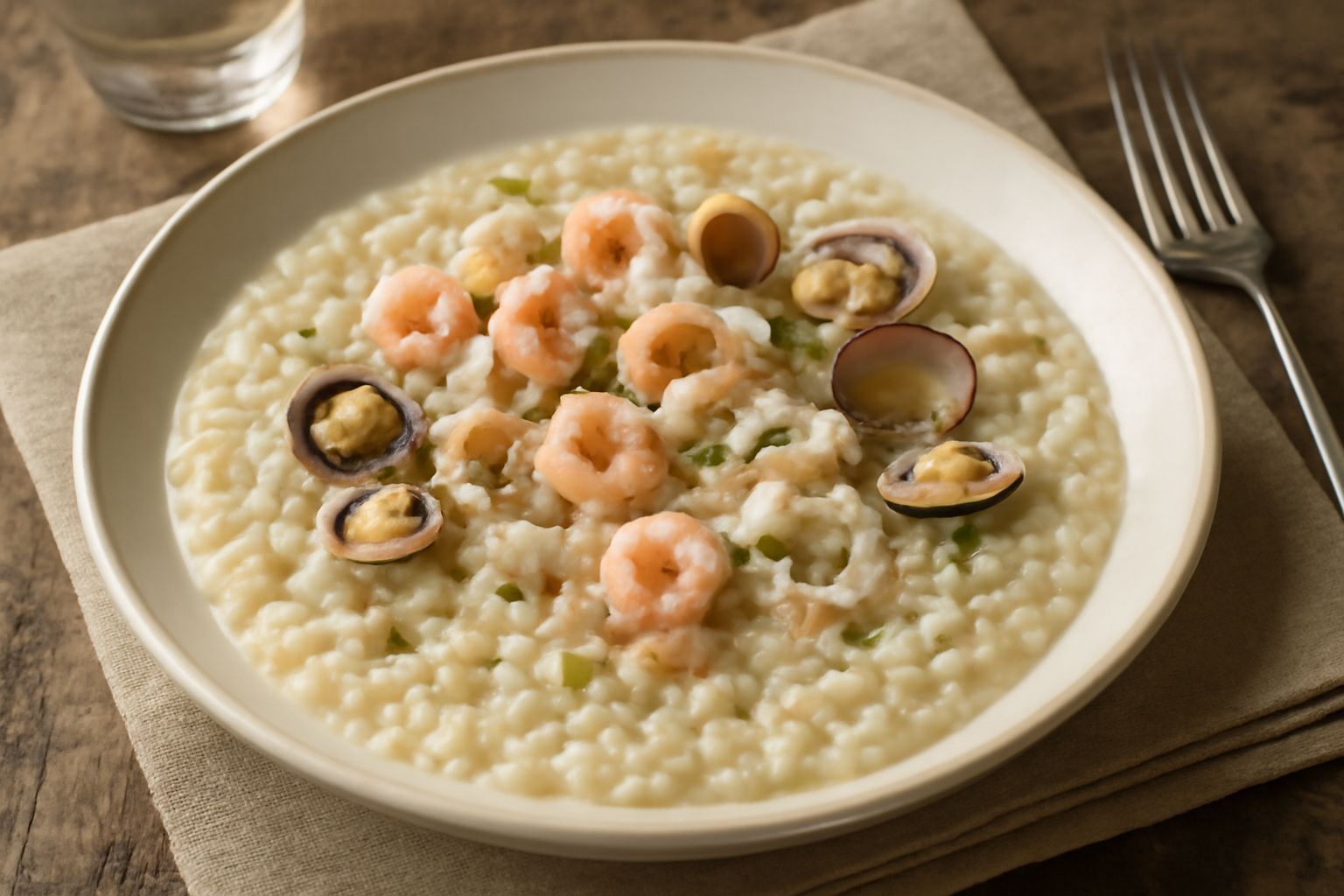 Piatto fondo di ceramica bianca con orzotto cremoso di colore beige chiaro, condito con gamberetti rosa, calamari bianchi, broccoli verdi e filo di olio di oliva, servito con una fetta di pane tostato