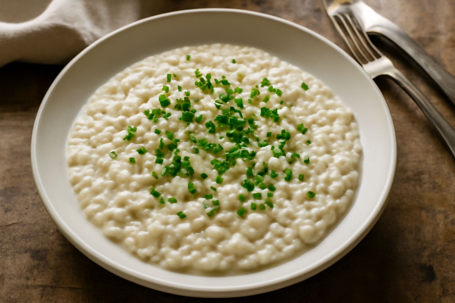 Piatto di ceramica bianca con orzotto cremoso color avorio, grain d'orzo visibili, vapore caldo, decorazione di prezzemolo fresco verde scuro e una cucchiaiata di burro dorato appena fusa in superfici