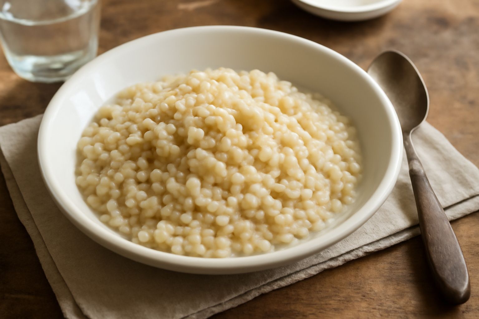 Piatto di orzotto d'orzo perlato cremoso color avorio con grani visibili, condito con formaggio grattugiato e prezzemolo fresco, servito in scodella bianca con cucchiaio