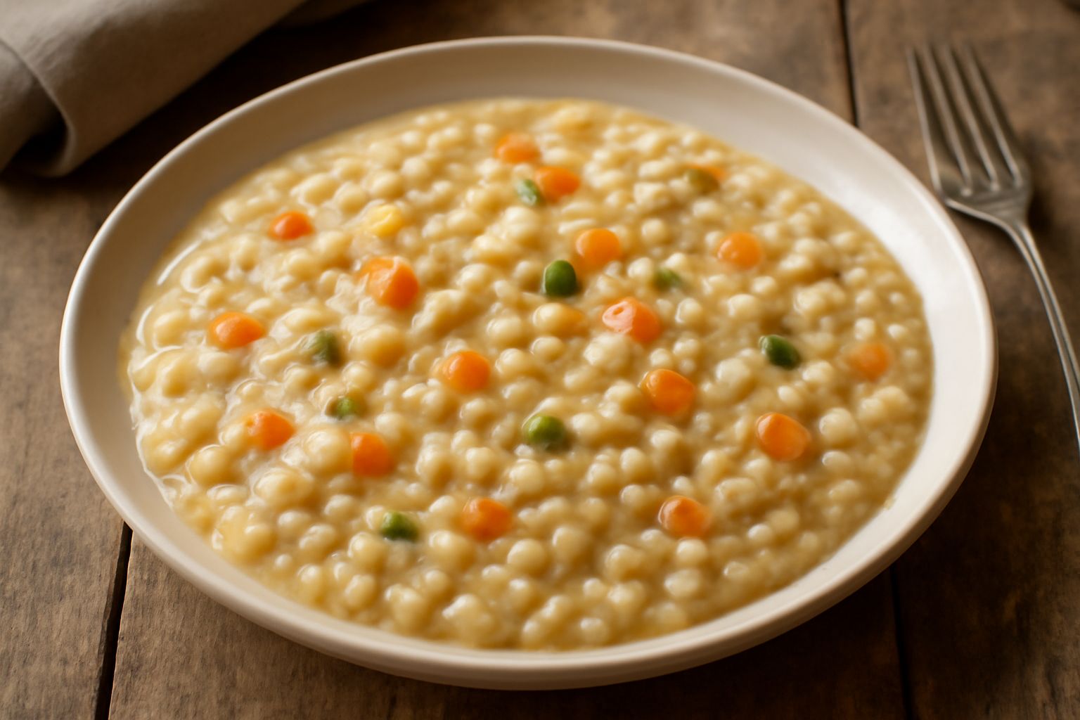 Orzotto in piatto bianco fondo, cremoso color avorio dorato, con dadini di carota arancione e sedano, grattugia di parmigiano giallo vivo sulla superficie, cucchiaio in acciaio inox appoggiato al bord