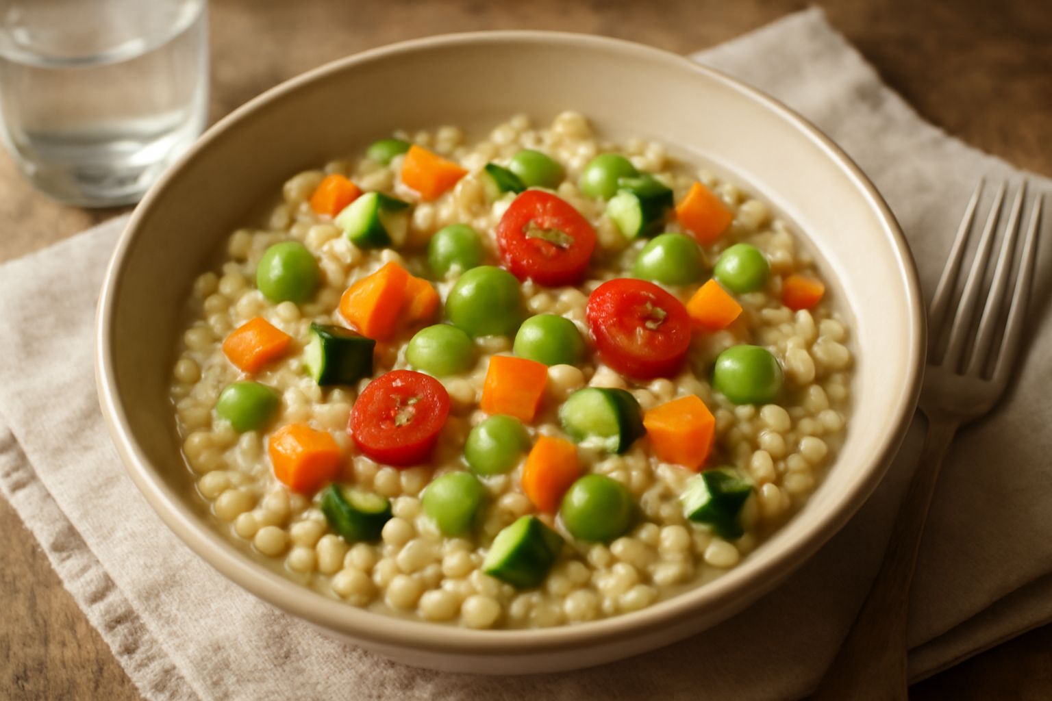 Orzotto freddo in ciotola bianca: orzo tondeggiante di colore avorio, zucchine tagliate a cubetti, carote arancioni, pomodorini rossi, foglie di basilico fresco verde, condito con olio d'oliva lucido
