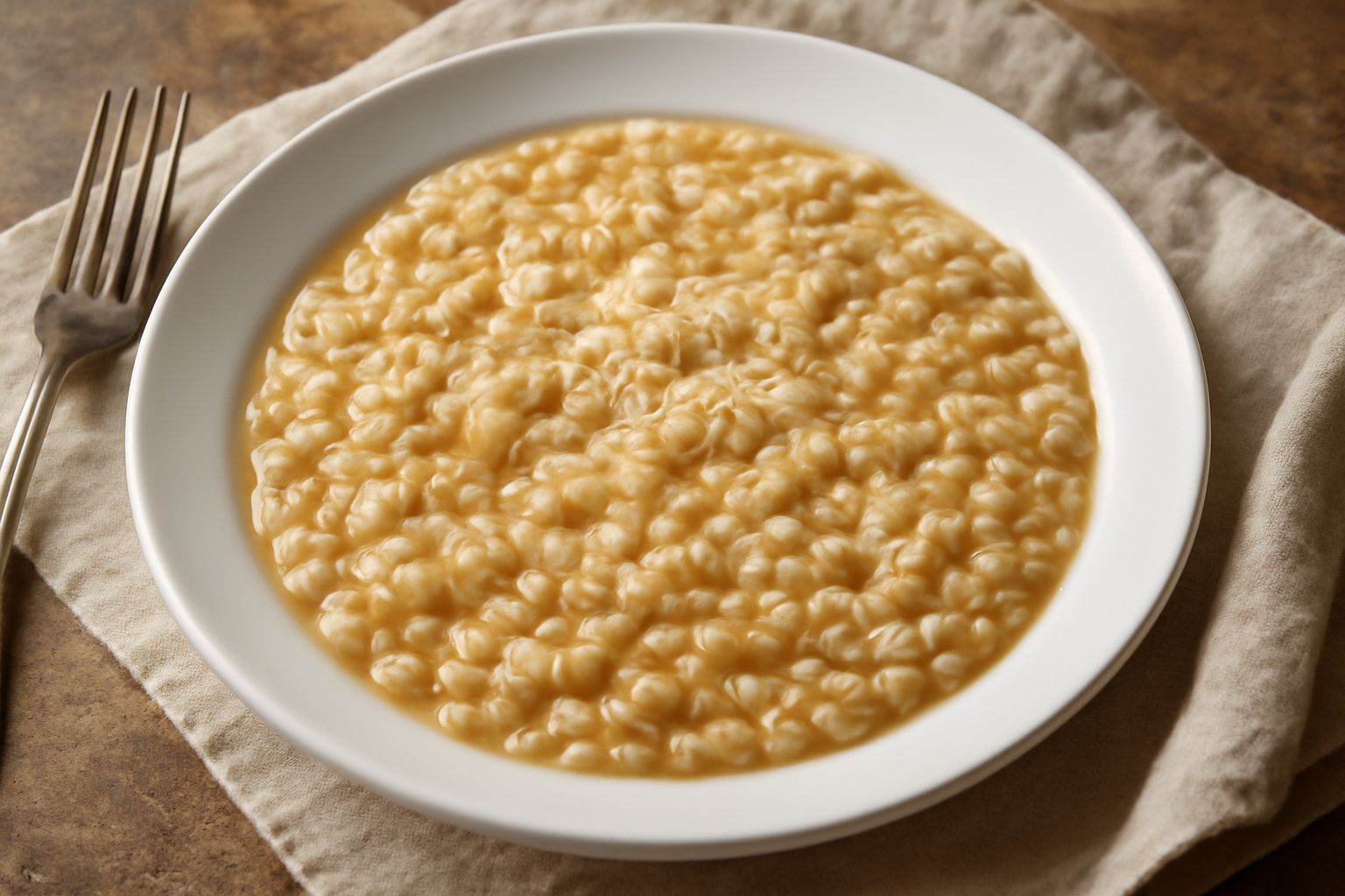 Orzotto friulano cremoso di color beige-dorato in piatto bianco fondo, con scaglie di parmigiano grattugiato sulla superficie, brodo lucido visibile intorno ai chicchi di orzo, accompagnato da un cucc