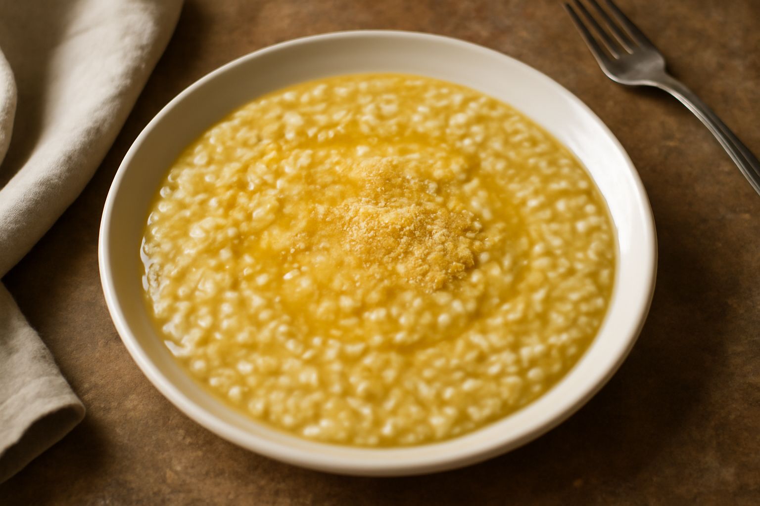 Orzotto cremoso di colore giallo chiaro in una ciotola bianca, con alcuni grani visibili sulla superficie, una goccia di brodo lucido, guarnito con parmigiano grattugiato e un filo di olio d'oliva, su