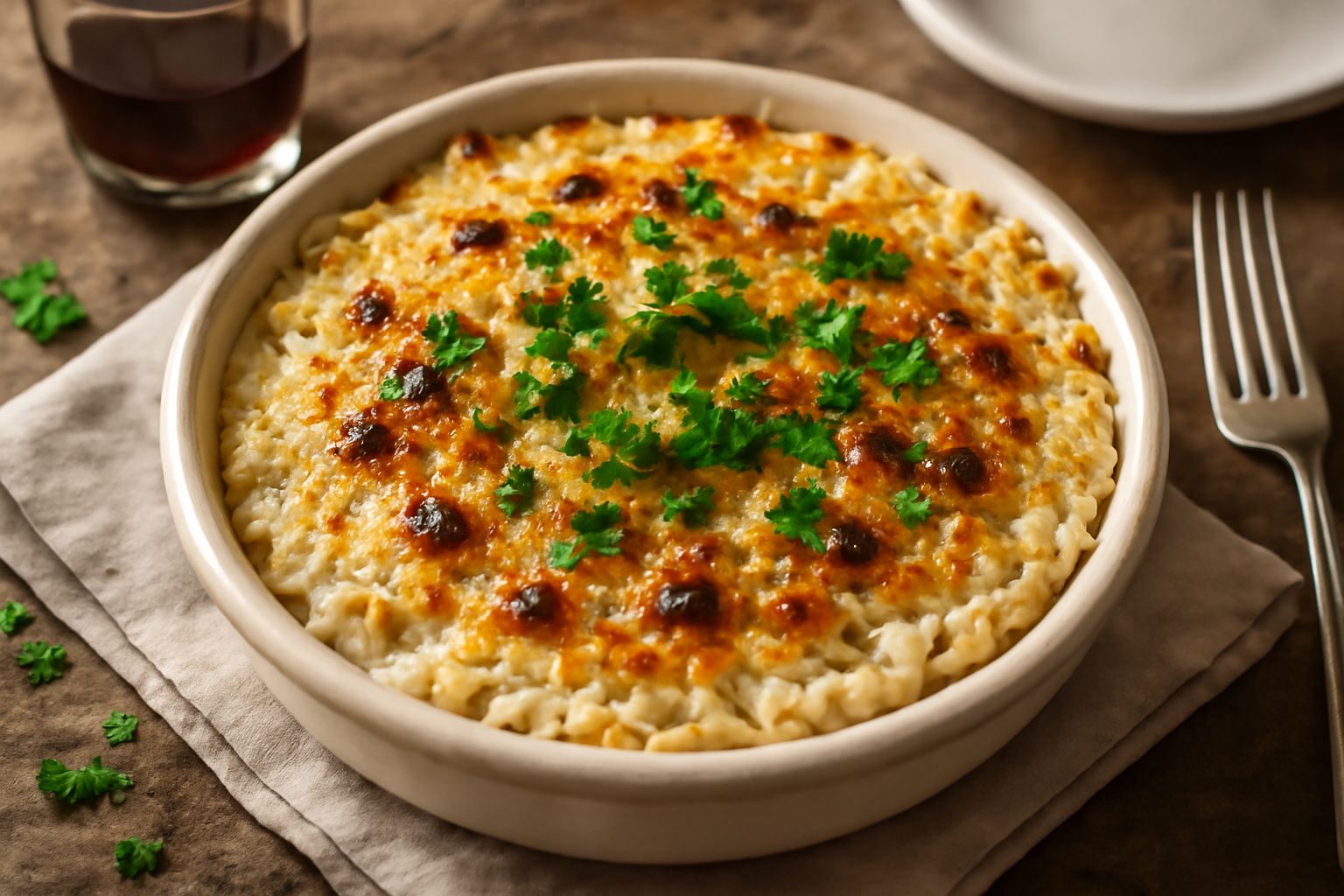 Teglia di orzotto appena sfornato, con crosticina dorata in superficie, guarnito con prezzemolo fresco e parmigiano grattugiato, vapore che sale dal piatto