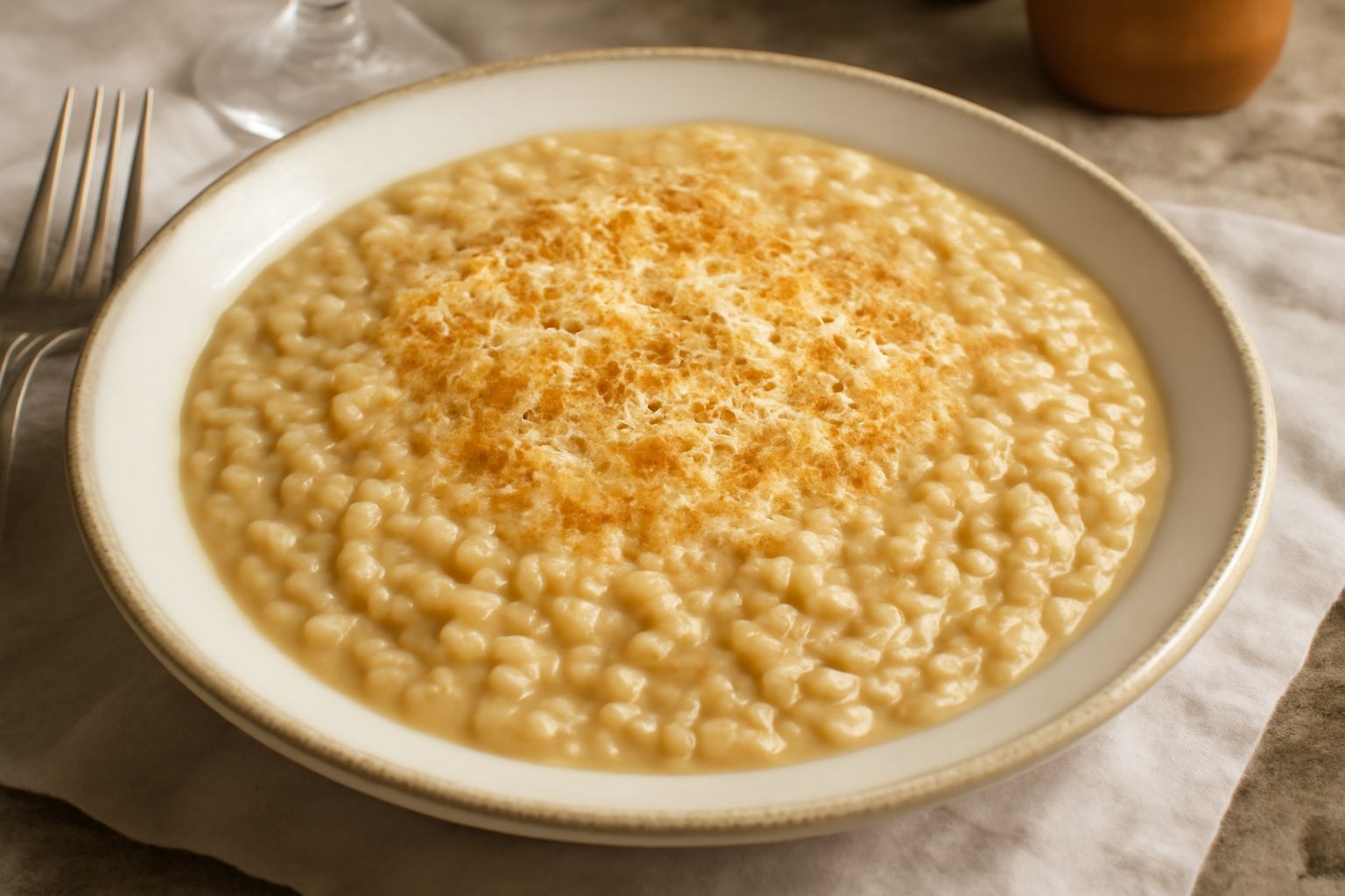Un piatto di orzotto mantovano cremoso di colore beige dorato, guarnito con una grattugia di parmigiano reggiano sopra, servito in un piatto bianco fondo con un filo di burro che luccica