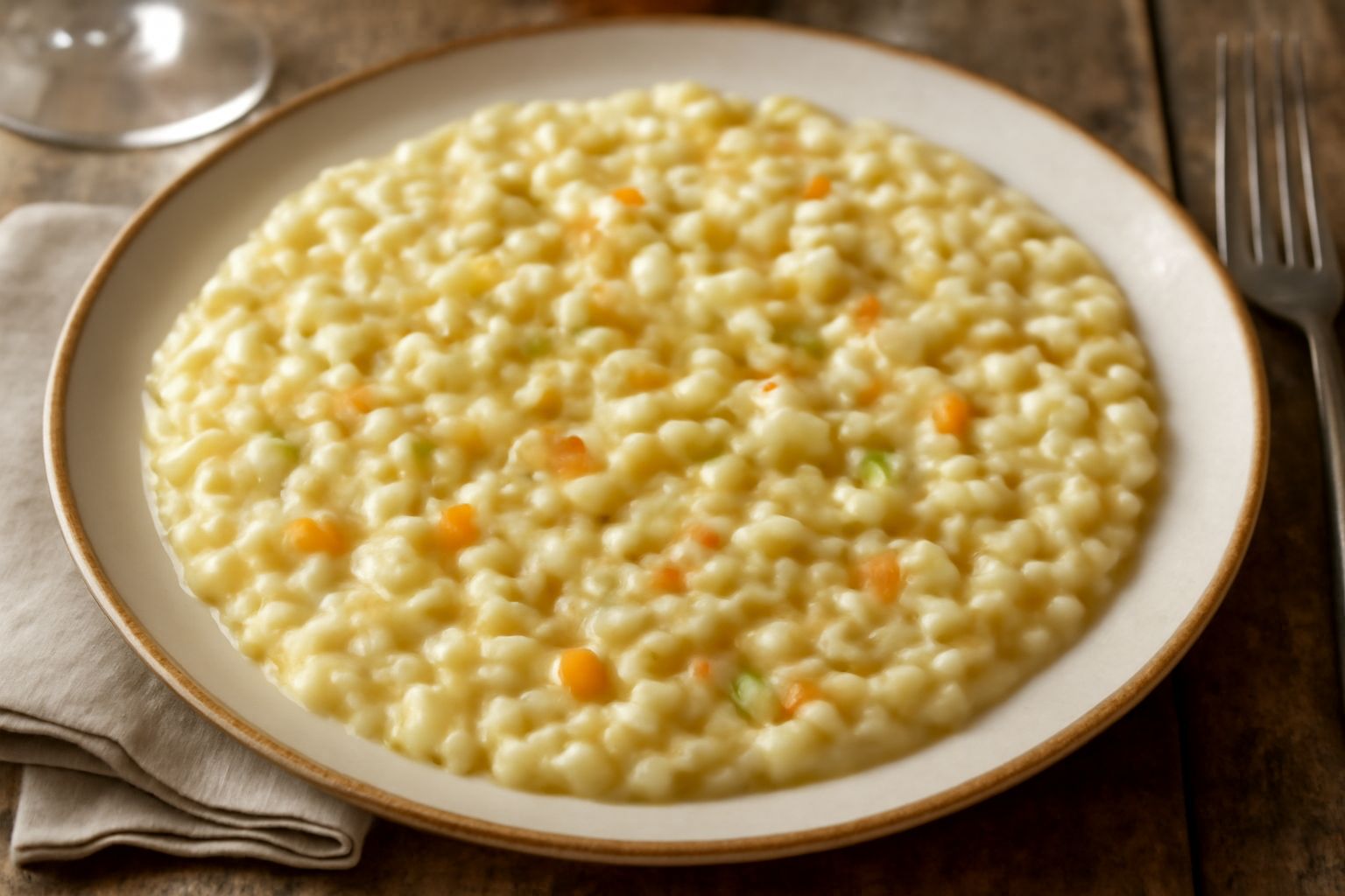 Orzotto marchigiano cremoso in piatto bianco, orzo perlato color avorio che riluce di brodo, verdure di stagione sparse, goccia di olio green in superficie, cucchiaio di legno appoggiato al bordo