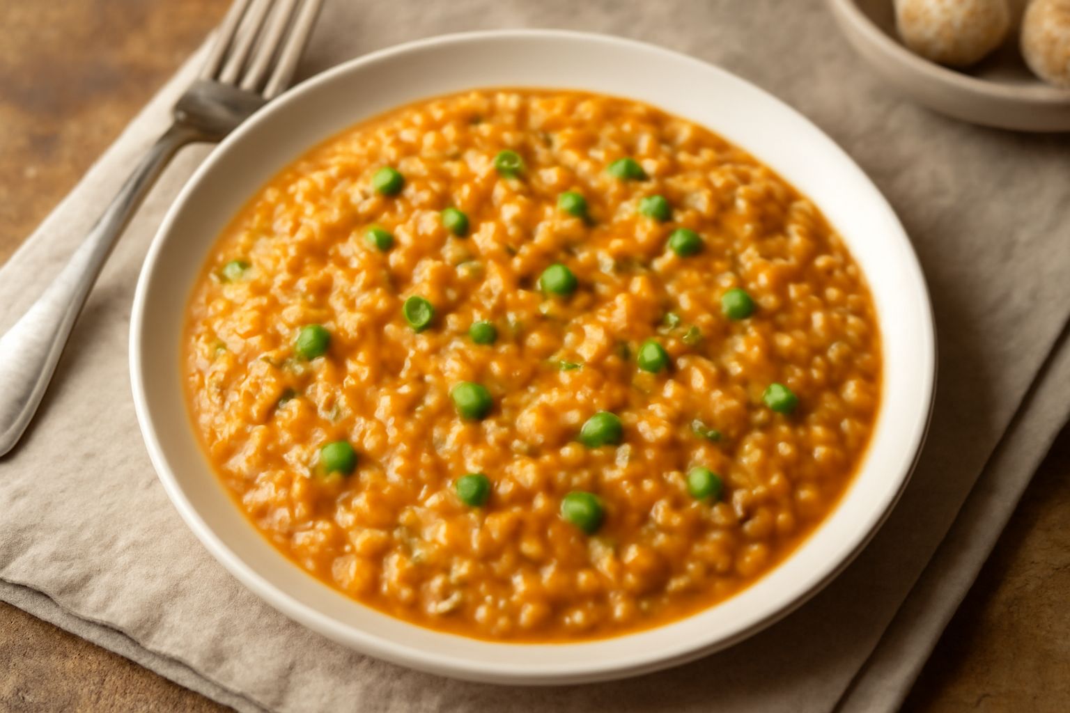 Orzotto messinese cremoso in piatto bianco, con sfumature beige e marroni dell'orzo cotto, guarnito con prezzemolo fresco verde, piselli e un filo d'olio dorato in superficie