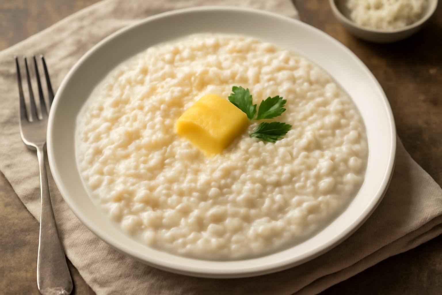 Un piatto bianco con orzotto cremoso e avorio, granuli di orzo visibili, condito con burro e formaggio grattugiato, guarnito con prezzemolo fresco tritato finemente