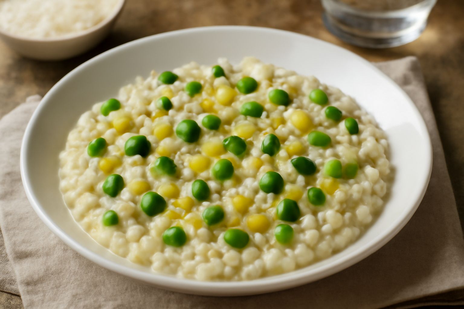 Un piatto fondo di porcellana bianca contiene orzotto cremoso di colore avorio, con verdure di stagione, gocce di olio d'oliva e una grattugia di formaggio grattugiato in superficie, vassoio di legno 