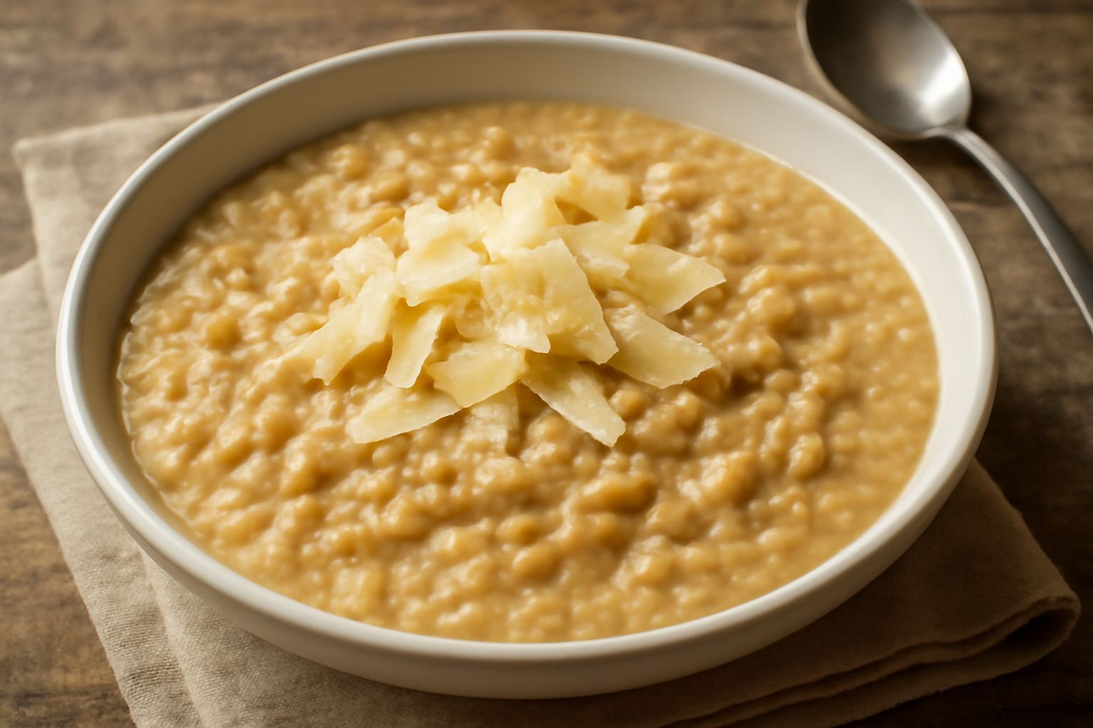 Orzotto trentino servito in piatto bianco fondo, cremoso di colore beige con riflessi dorati, condito con scaglie di formaggio stagionato e pepe nero, contorno di brodo caldo sfumante