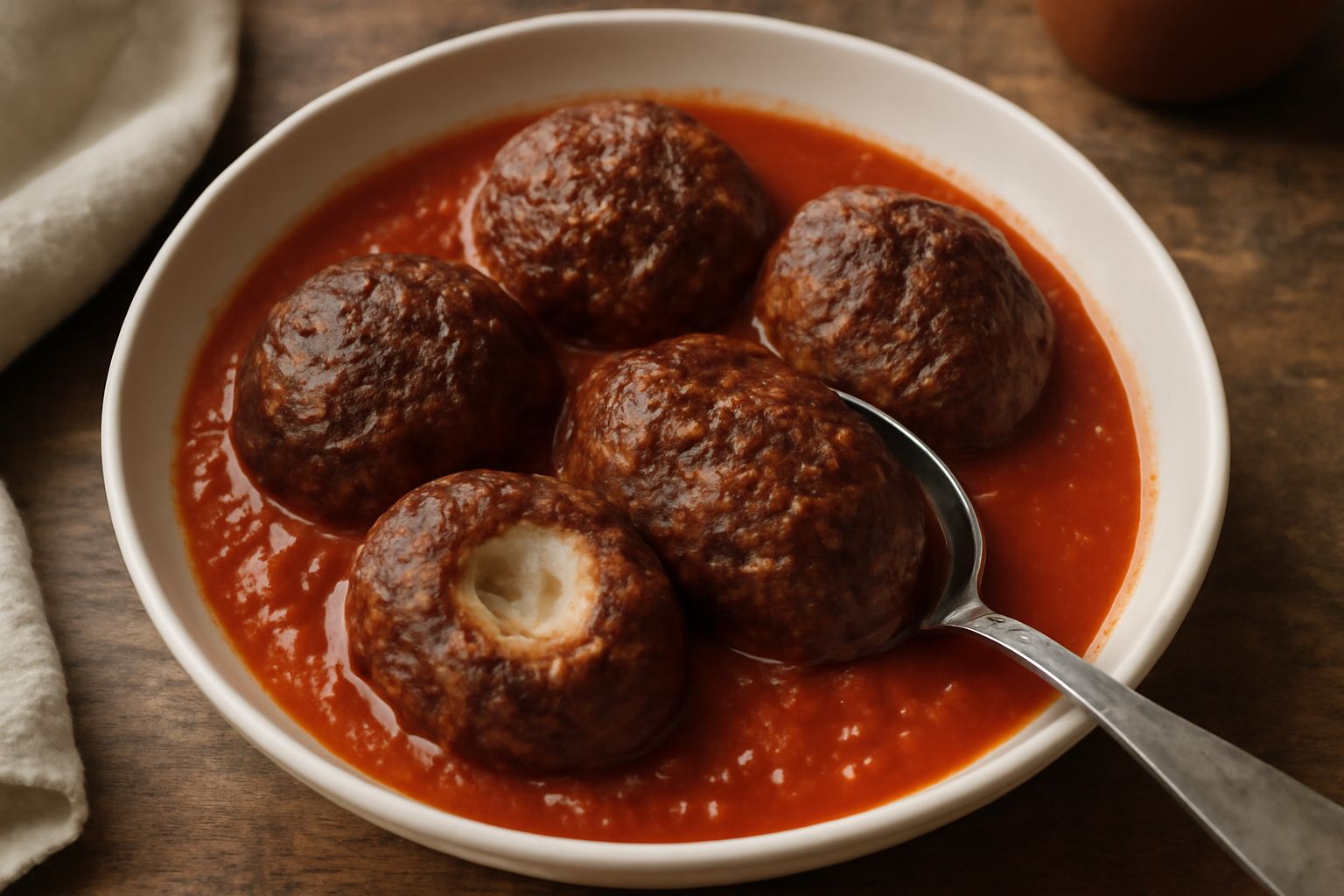 Quattro polpettoni scuri di carne, spaccati al centro per mostrare il midollo bianco al fondo, immersi in una salsa di pomodoro densa e profumata, guarniti con foglie di basilico fresco