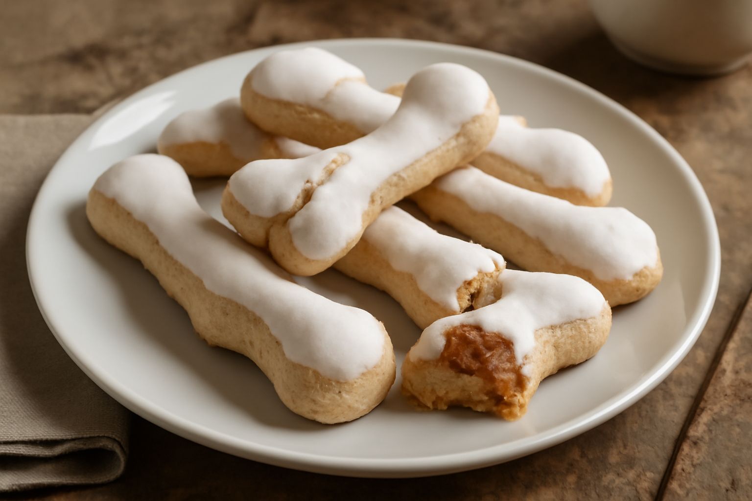 Ossi di morto biscotti allungati color beige con glassa bianca e forma di ossa, disposti su un piatto bianco con mandorle sgusciate accanto