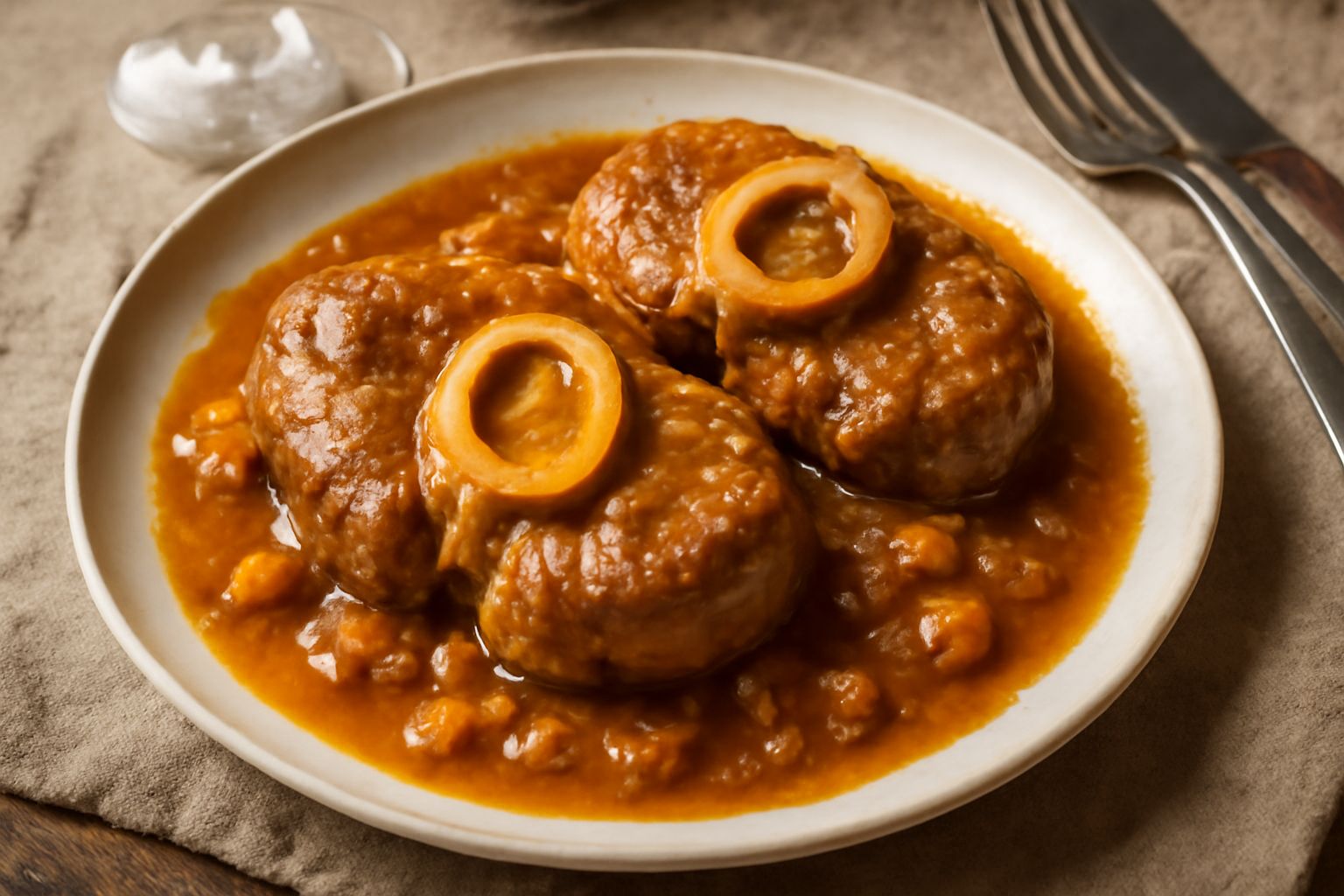 Ossibuchi dorati in un piatto bianco con salsa marrone scura, circondati da verdure cotte e una fetta di limone, vapore che sale dalla ciotola
