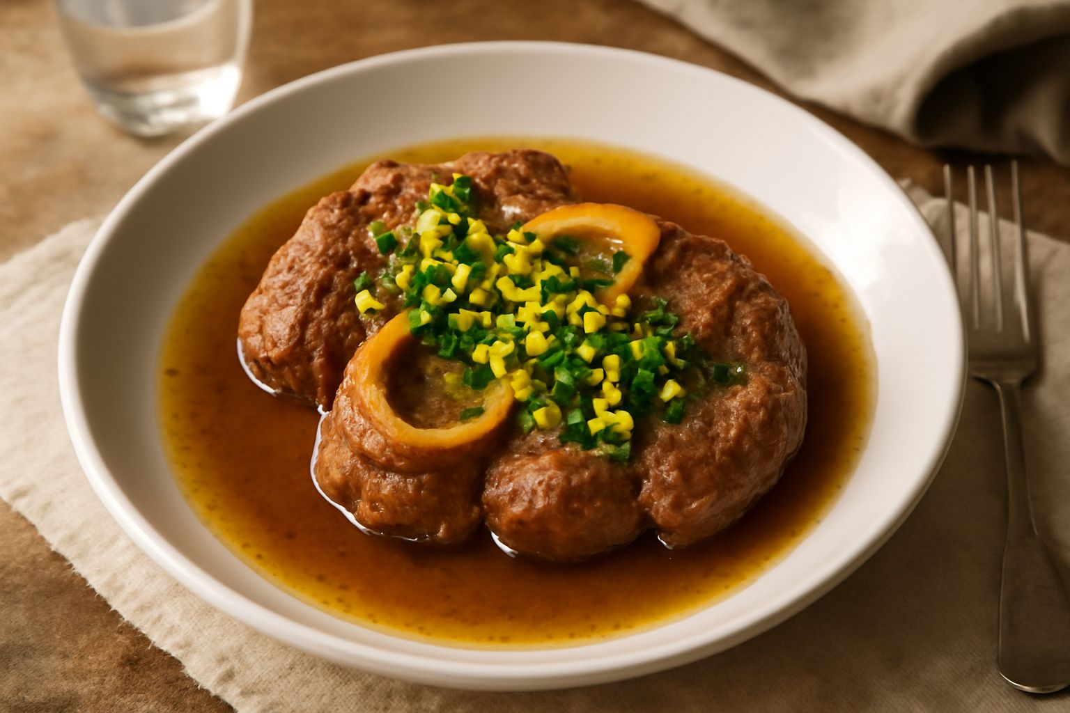 Ossibuchi in bianco alla milanese in un piatto fondo di ceramica bianca con brodo dorato, guarniti con gremolata di prezzemolo fresco e limone, contornati da soffritto di verdure visibili nel brodo