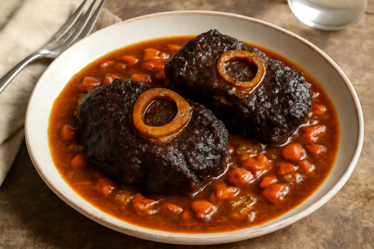 Ossibuchi in umido serviti in piatto fondo bianco, carne scura e tenera circondata da salsa bruna con verdure, guarnizione di prezzemolo fresco e scorza di limone