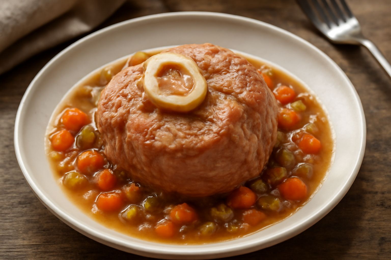 Osso buco nel piatto con stinco di vitello color nocciola, ricco di brodo, contornato da verdure morbide, gremolata verde sulla carne, fondo bianco con fettine di limone