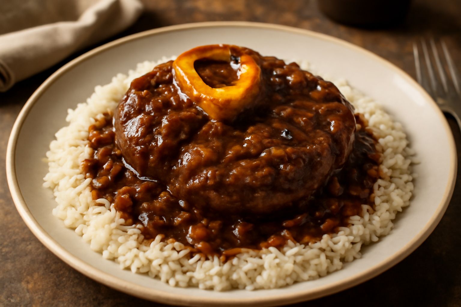 Ossobuco tagliato trasversalmente in un piatto bianco fondo, con midollo visibile al centro dell'osso, immerso in salsa marrone scura, accompagnato da verdure appassite e riso in bianco sul fondo