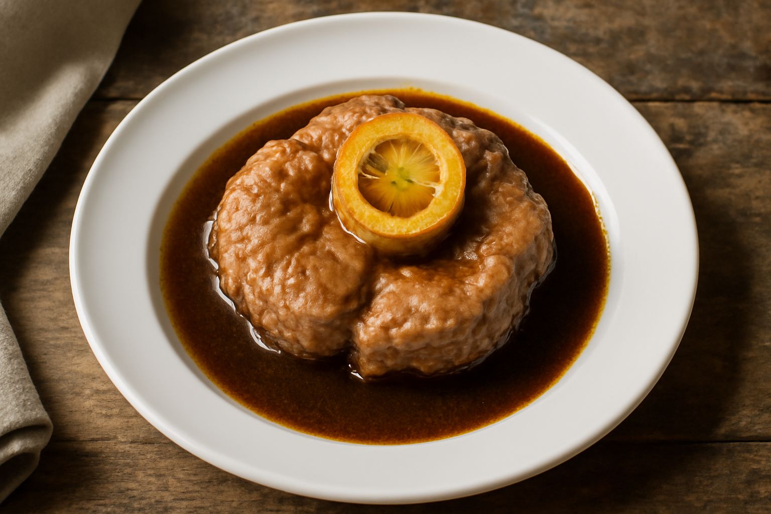 Ossobuco intero in un piatto fondo bianco, circondato da umido bruno, fetta di midollo visibile nell'osso centrale, guarnito con rametto di prezzemolo fresco