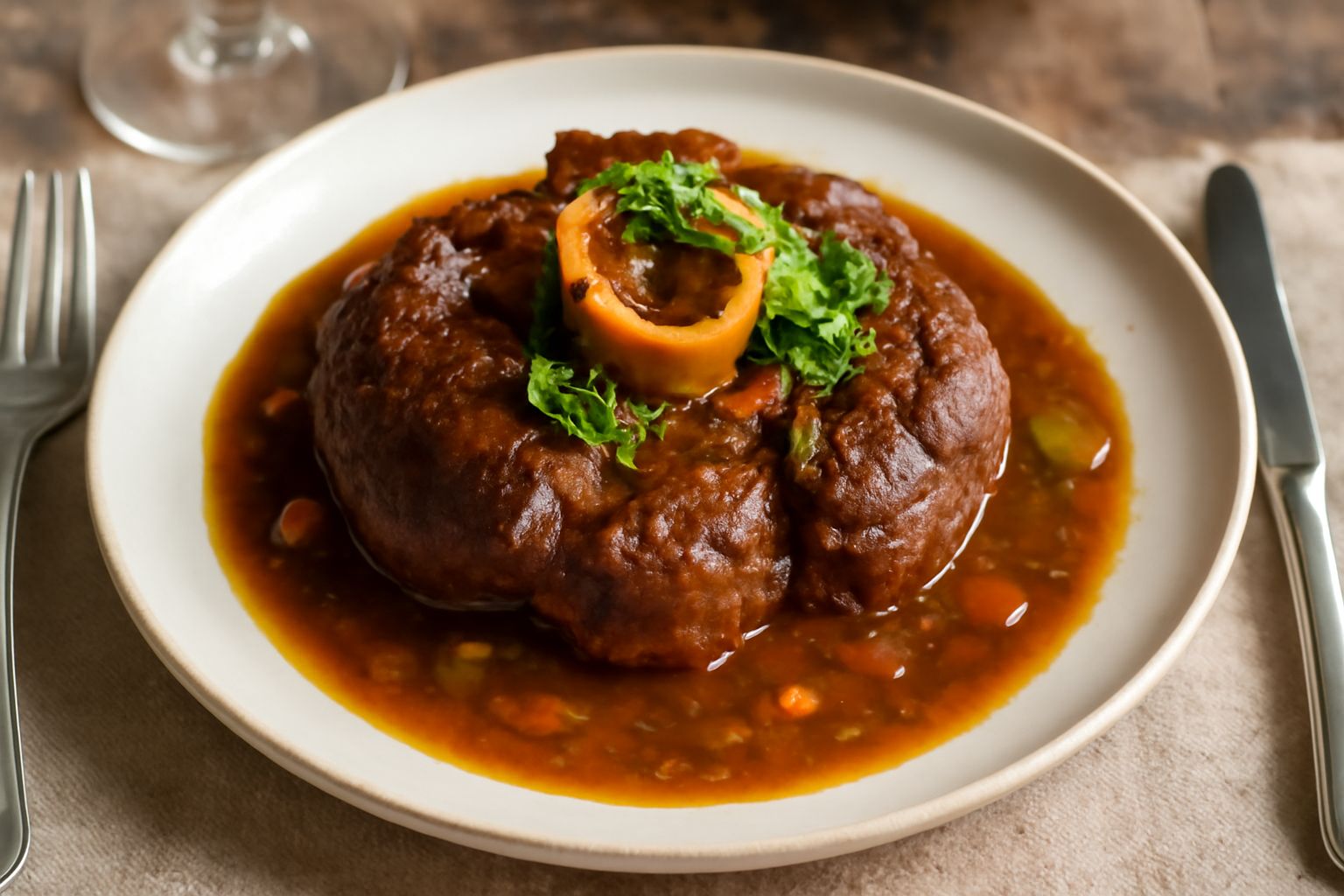 Ossobuco alla milanese in pentola di coccio: due braciole di manzo marrone scuro con osso al centro, salsa marrone riposata intorno, gremolata gialla-verde sparsa sopra, sedano e carota visibili nella