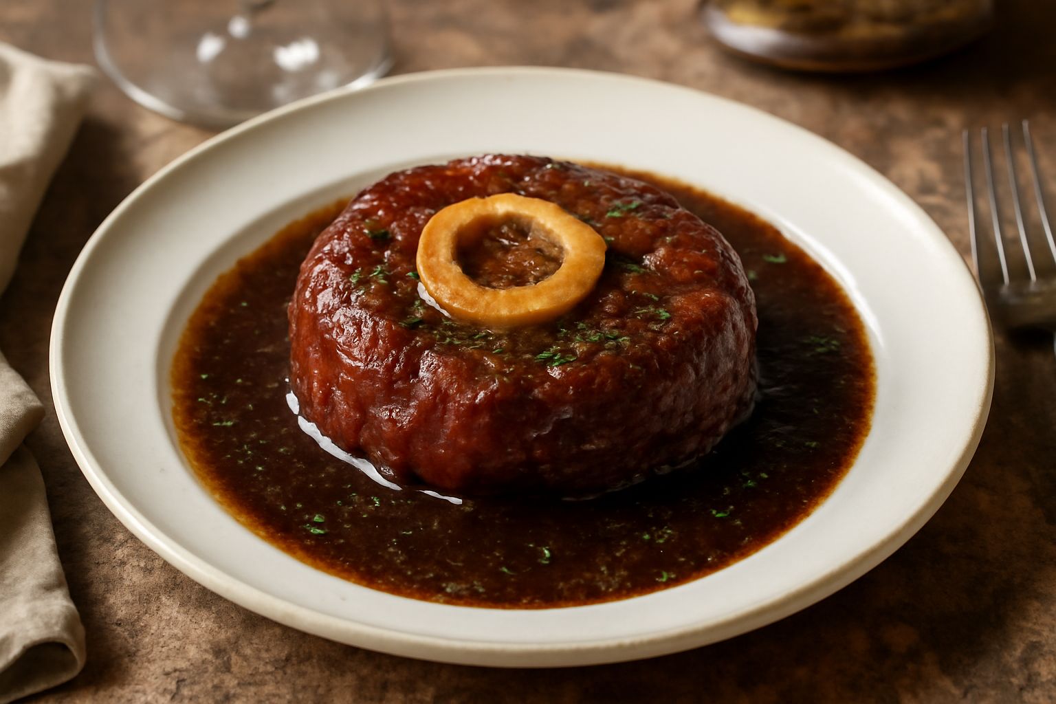 Ossobuco in umido nel piatto bianco, stinco di vitello con sugo marrone scuro, guarnito con gremolata verde, risotto giallo alla milanese di contorno, brodo brillante