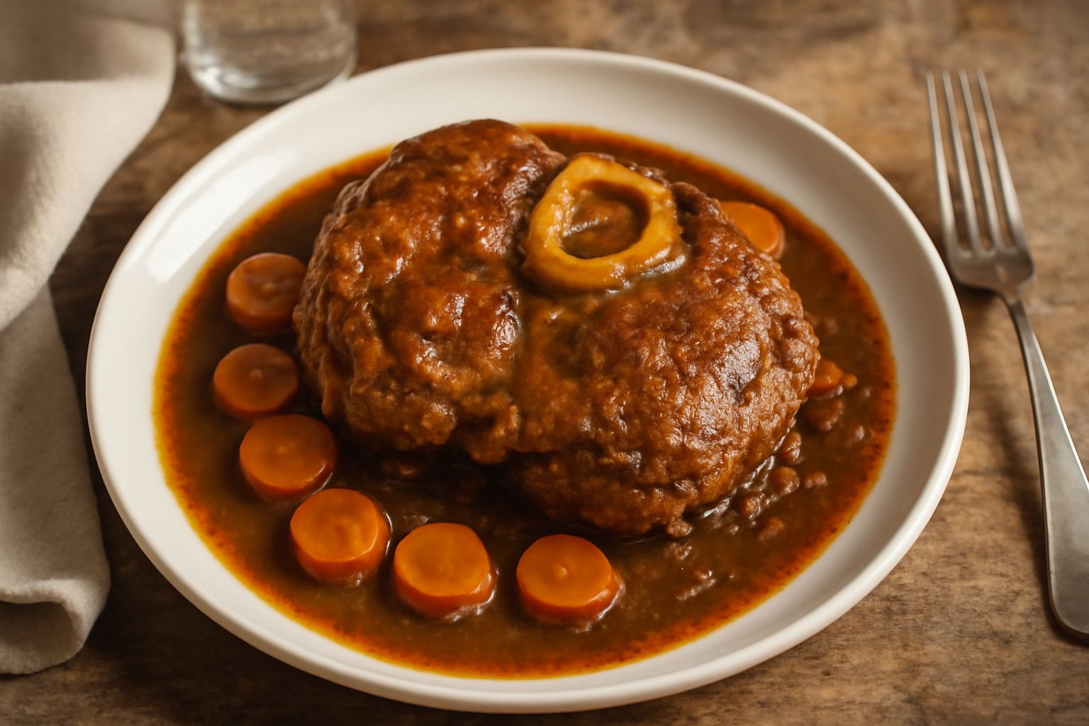 Ossobuco di vitello in un piatto di porcellana bianca, la carne color nocciola circondata da salsa marrone scuro, verdure morbide e visibili, guarnito di prezzemolo fresco verde