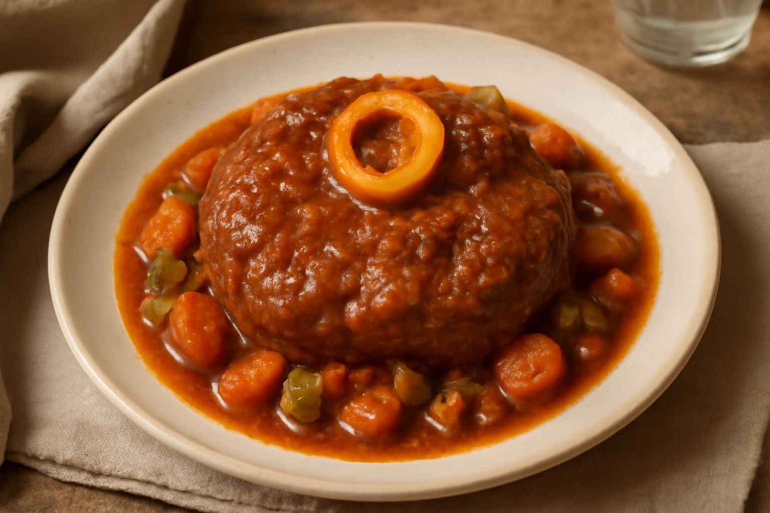 Ossobuco alla romana in umido presentato nel piatto bianco: fetta di stinco di vitello cotta con salsa pomodoro scura, intorno verdure di soffritto ammorbidite, guarnito con prezzemolo fresco tritato