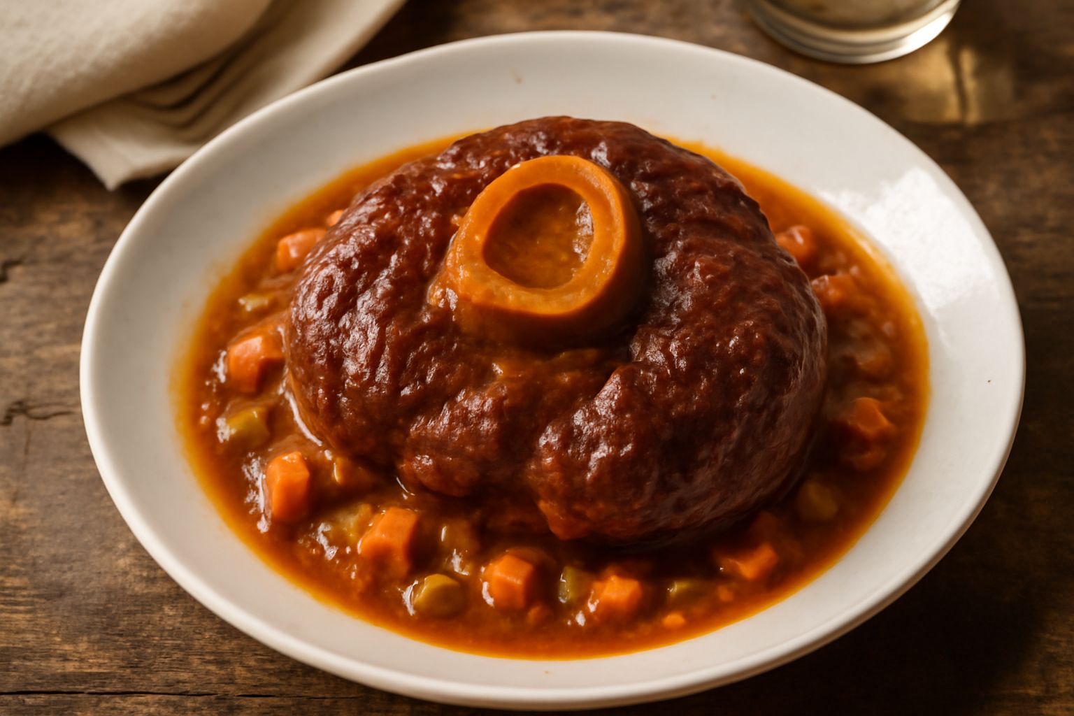 Ossobuco di vitello cotto in umido, di colore marrone scuro, con osso visibile al centro e midollo ambrato, circondato da sugo denso e verdure rosse di carota e pomodoro, servito in piatto fondo di te