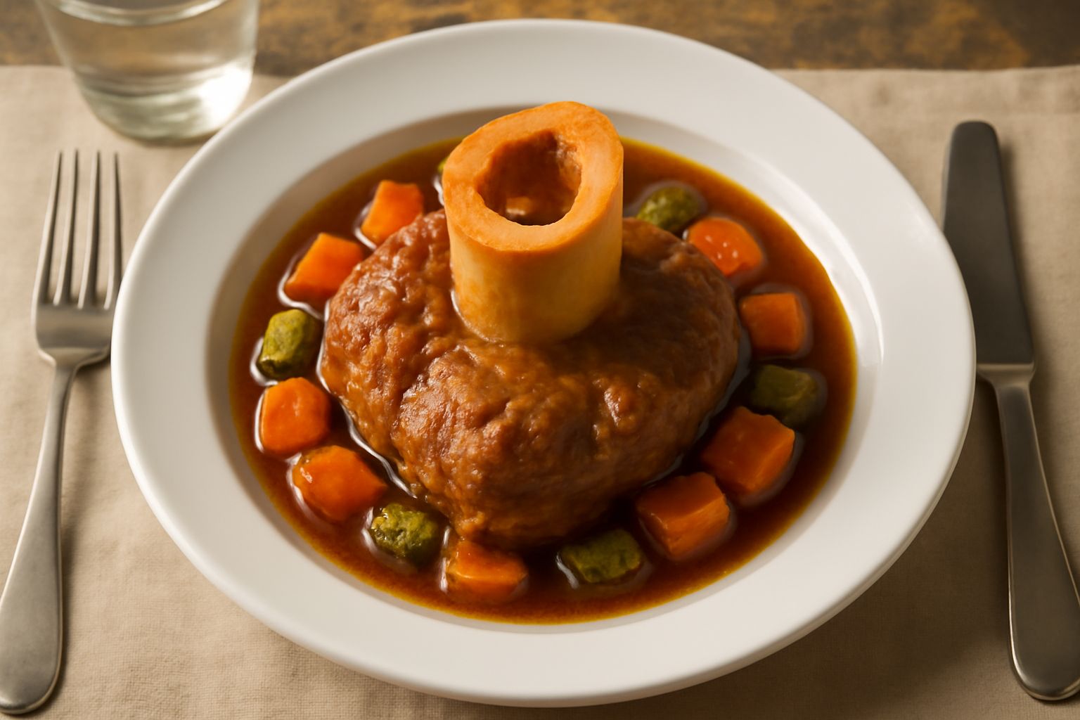 Un piatto fondo di ceramica bianca con ossobuco cotto: pezzo di osso di vitello circondato da carne marrone chiaro, immerso in brodo scuro e limpido, con carota e sedano cotti intorno, spolverato di p