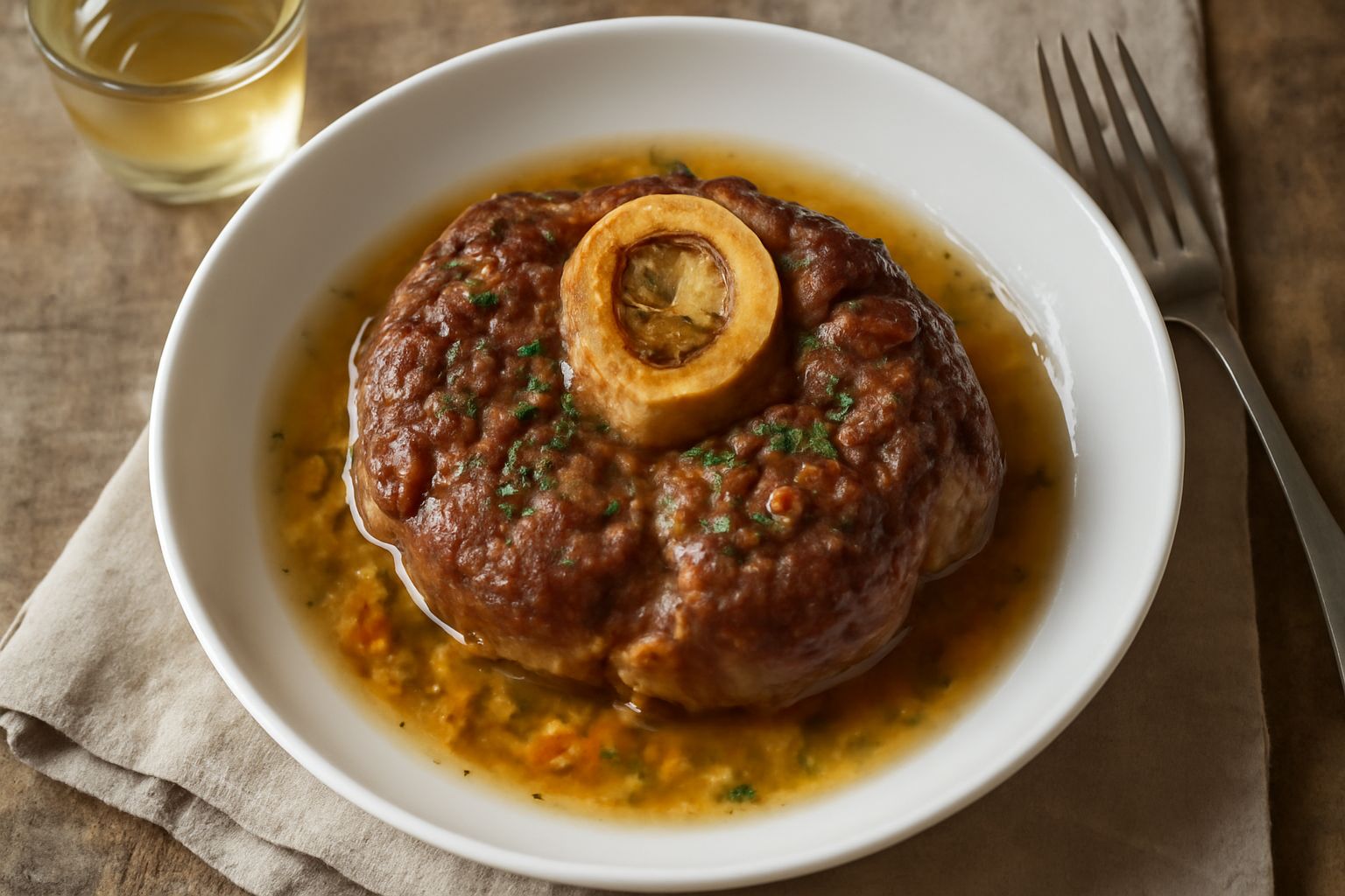 Ossobuco in bianco servito in piatto fondo bianco, fetta spessa di stinco di vitello con osso visibile al centro e midollo cremoso, circondato da salsa cremosa e trasparente, brodo chiaro, guarnito co