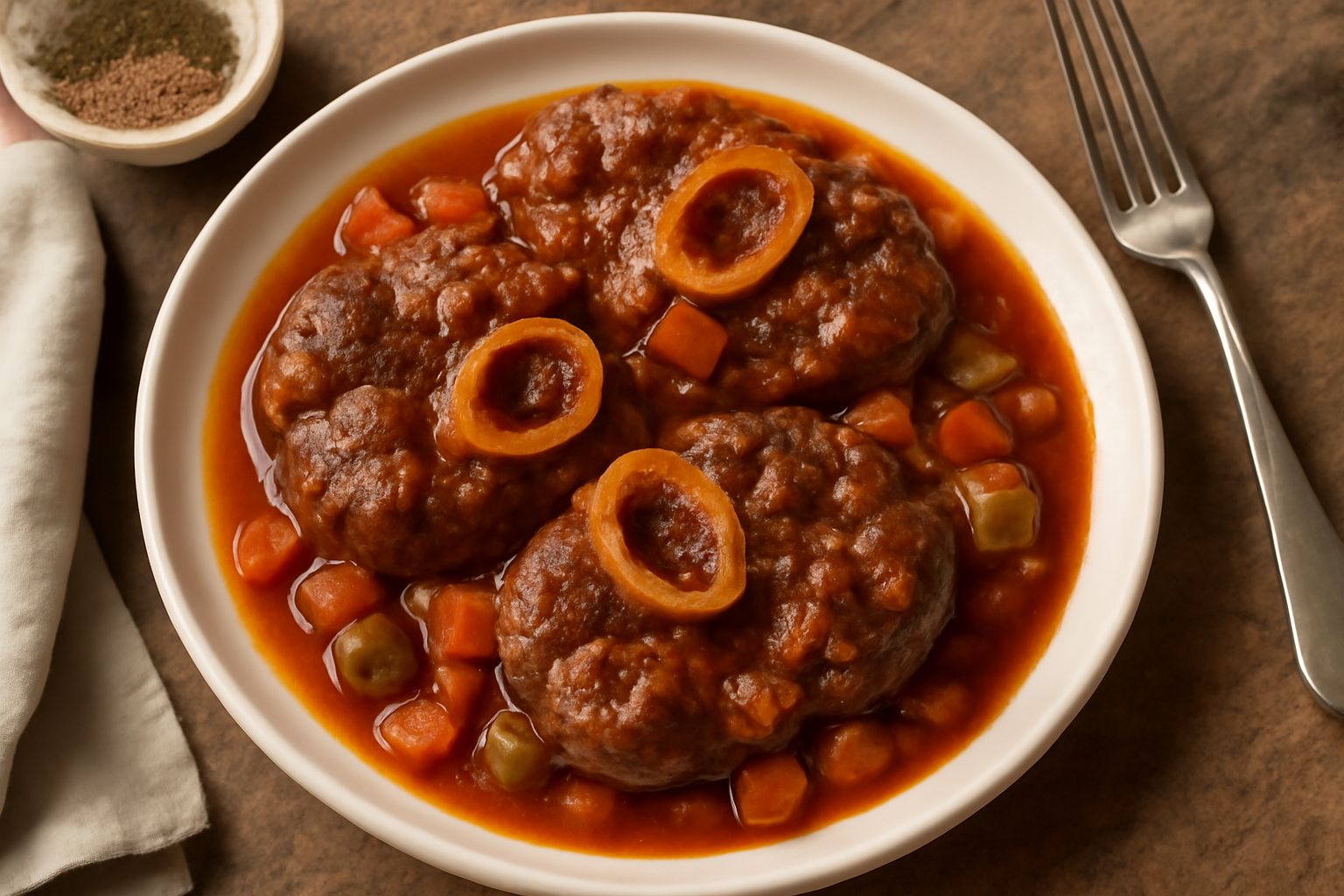 Tre fette di ossobuco in umido su un piatto bianco con sugo marrone ricco, circondato da carote e sedano affettati, osso visibile nel centro della carne, vapore leggero sulla superficie