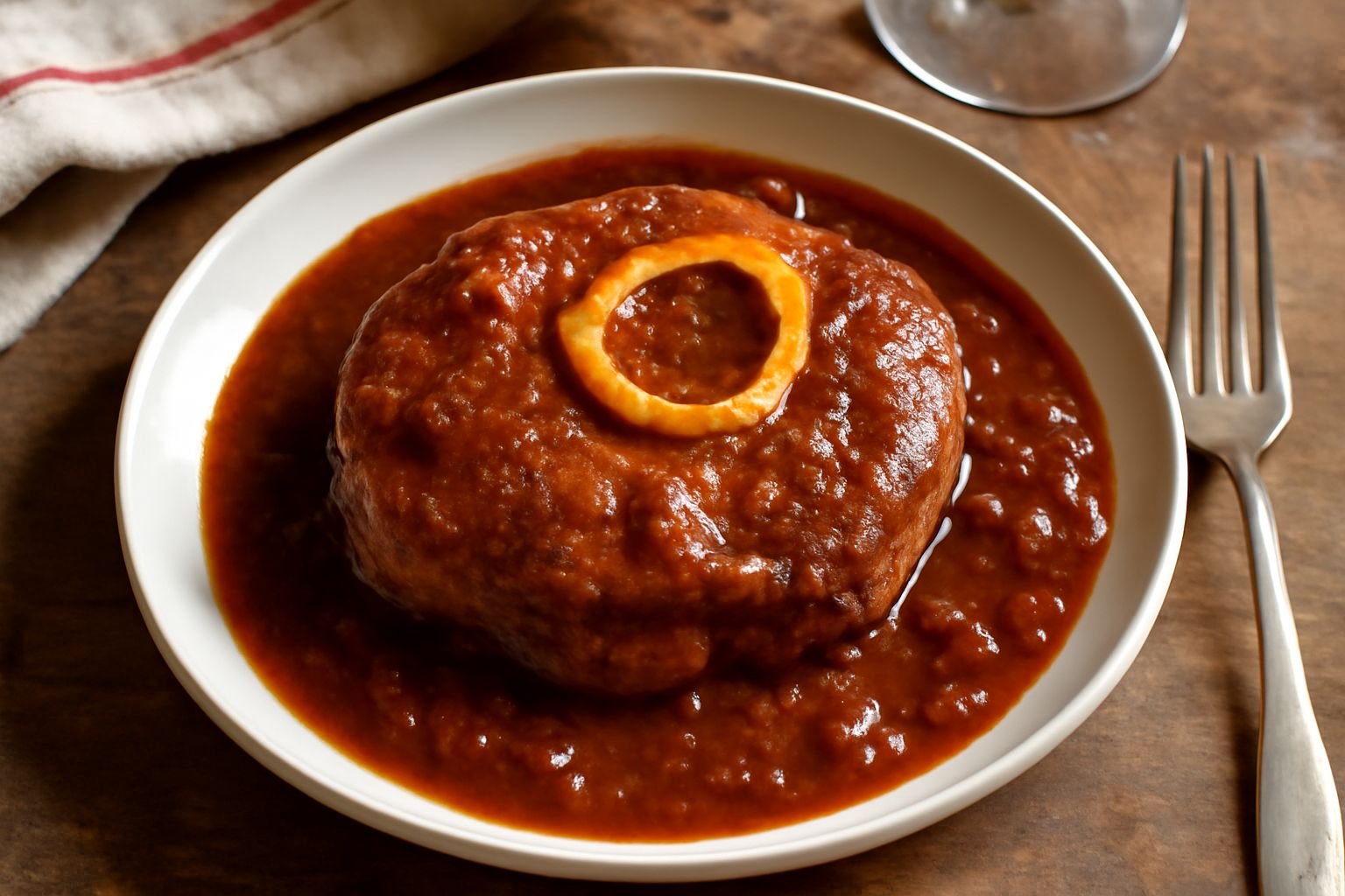 Ossobuco molisano servito in piatto bianco: fetta di vitello con osso al centro, sugo scuro e denso intorno, guarnito con prezzemolo fresco e limone, contorno di purè di patate