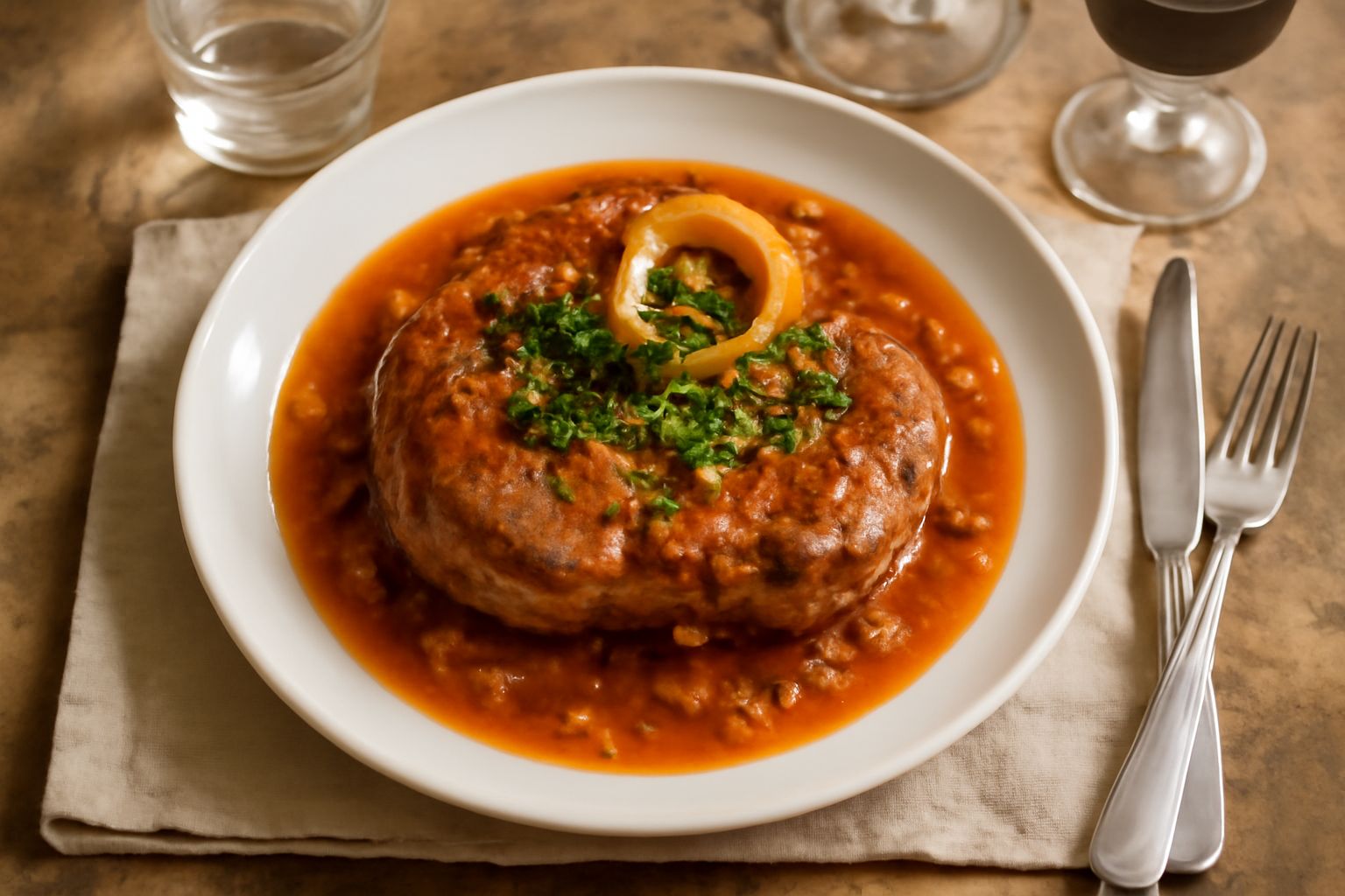 Ossobuco in umido servito in piatto fondo bianco, fettine di stinco di vitello grigio-marrone con midollo visibile nel foro centrale, circondato da salsa densa e scura, guarnito con prezzemolo fresco 